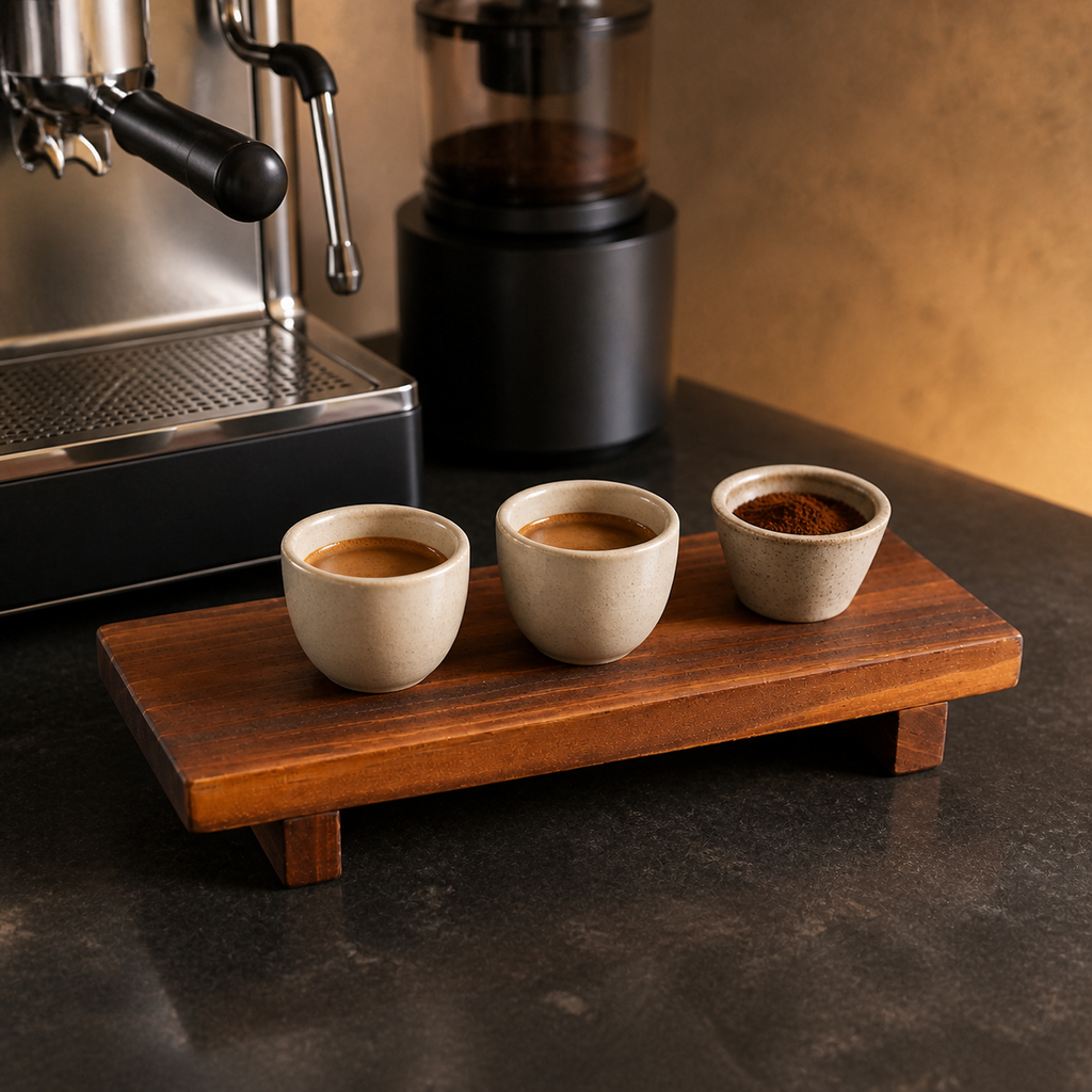 Solid wood countertop riser beside an espresso machine with small cups