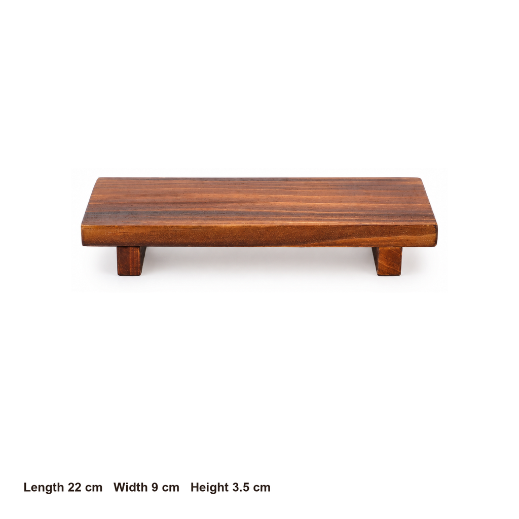 Solid wood raised coffee display tray dimensions: 22 by 9 by 3.5 centimeters