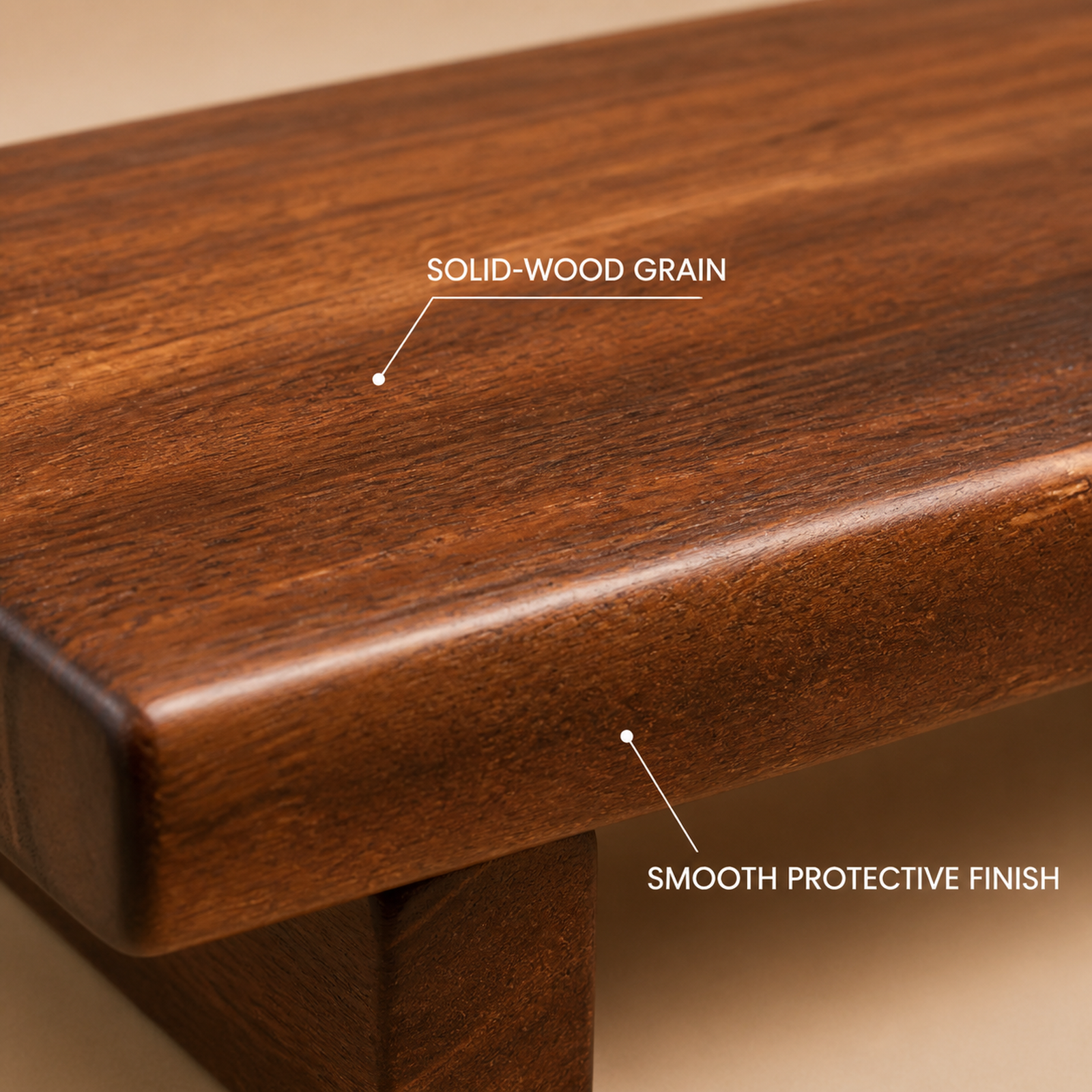 Solid wood grain and smooth protective finish detail