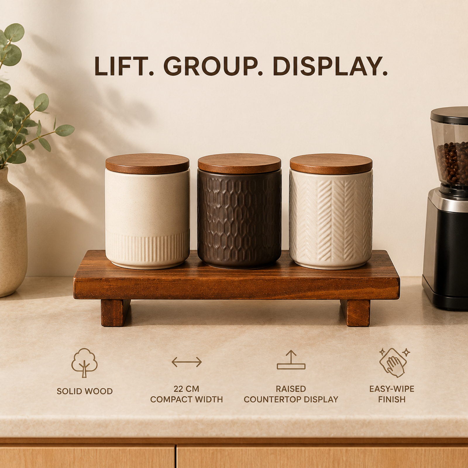 Compact solid wood countertop coffee organizer riser features