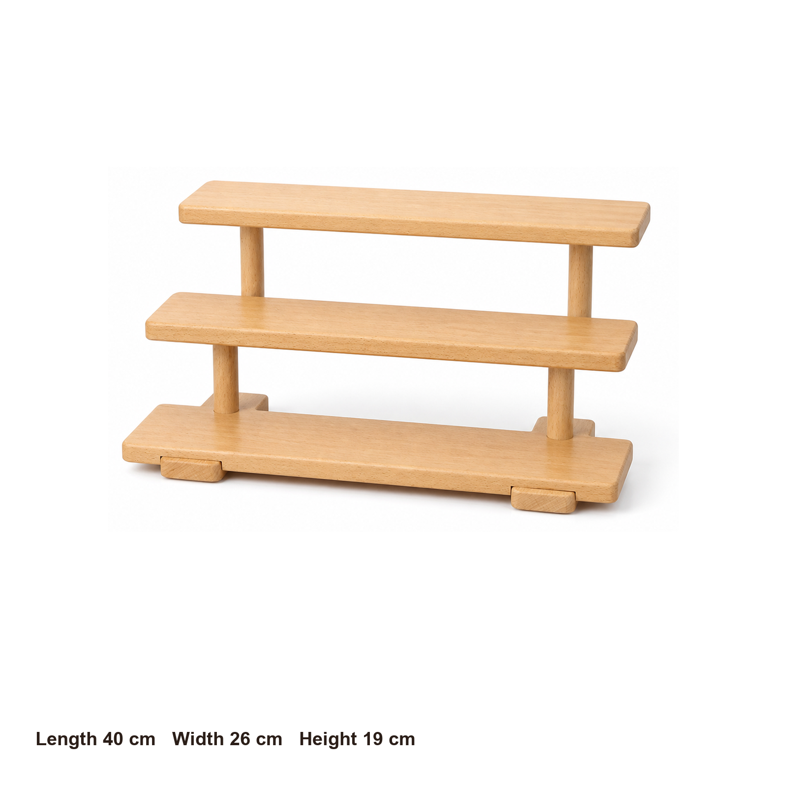 Three-tier solid wood display dimensions: 40 by 26 by 19 centimeters