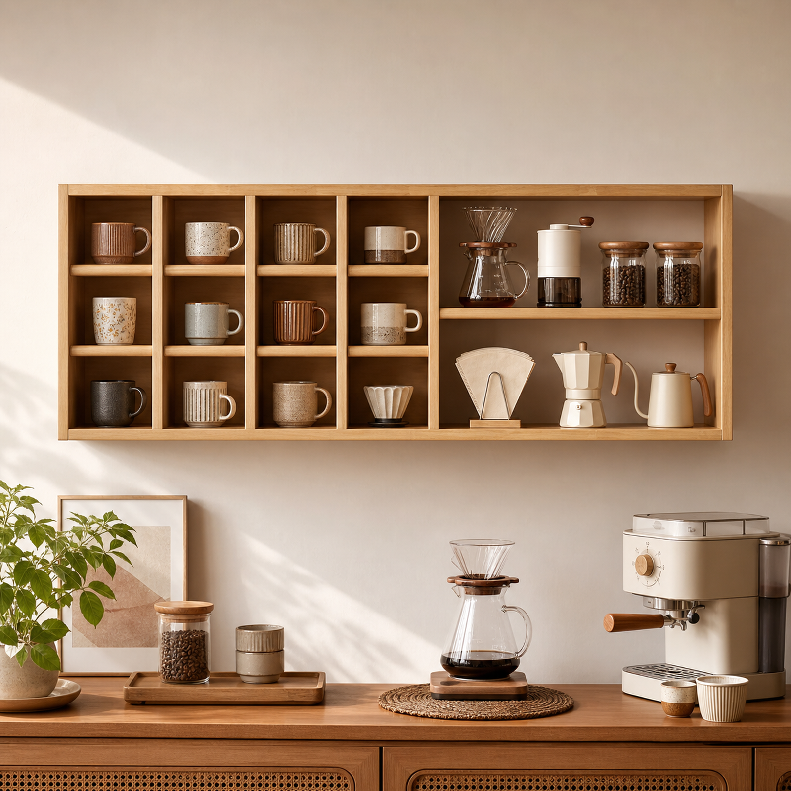 Multifunction solid rubberwood mug shelf styled above a home coffee bar