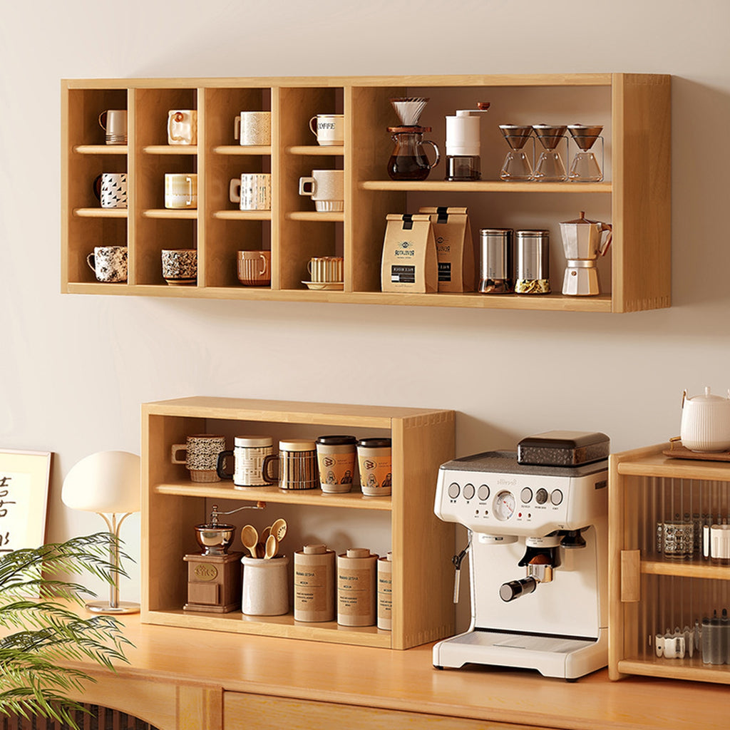 Wall-mounted and countertop rubberwood coffee organizer placement ideas