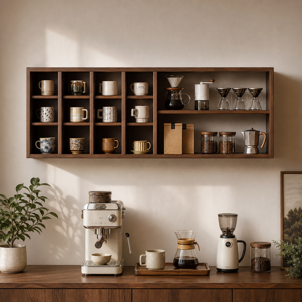 Black walnut brown solid rubberwood organizer above a home coffee bar