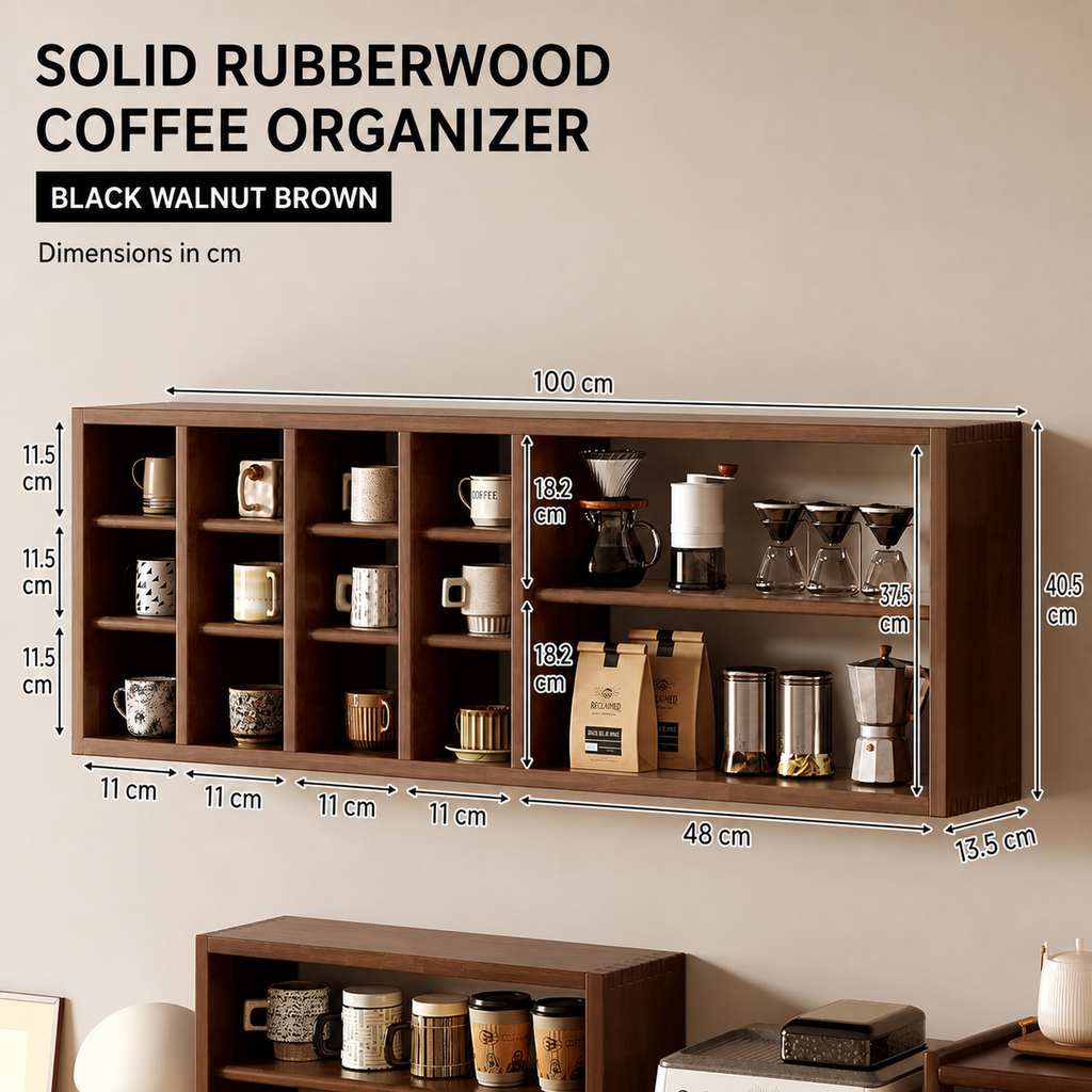 Solid rubberwood coffee organizer dimensions in centimeters