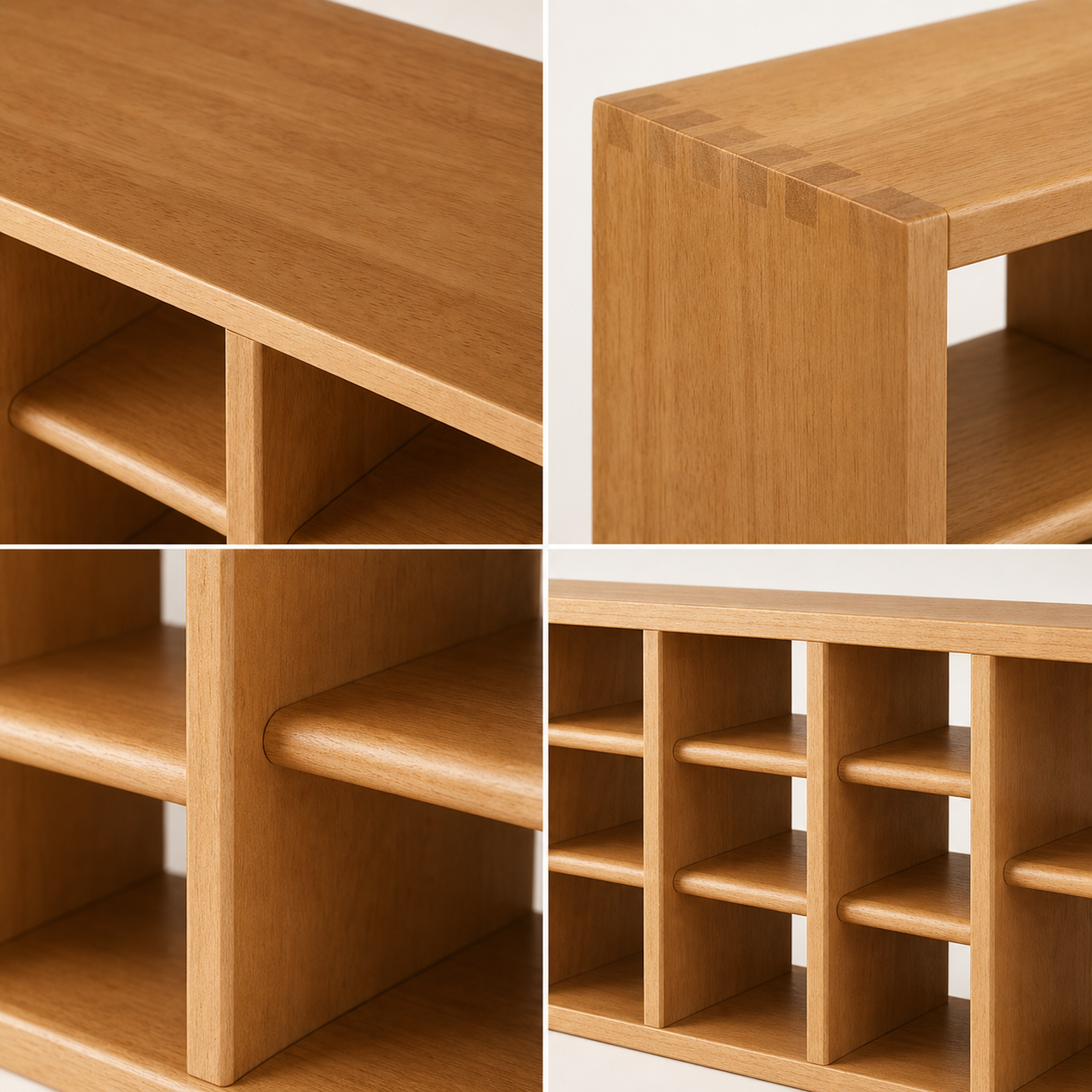 Solid rubberwood organizer grain rounded edges and joinery details