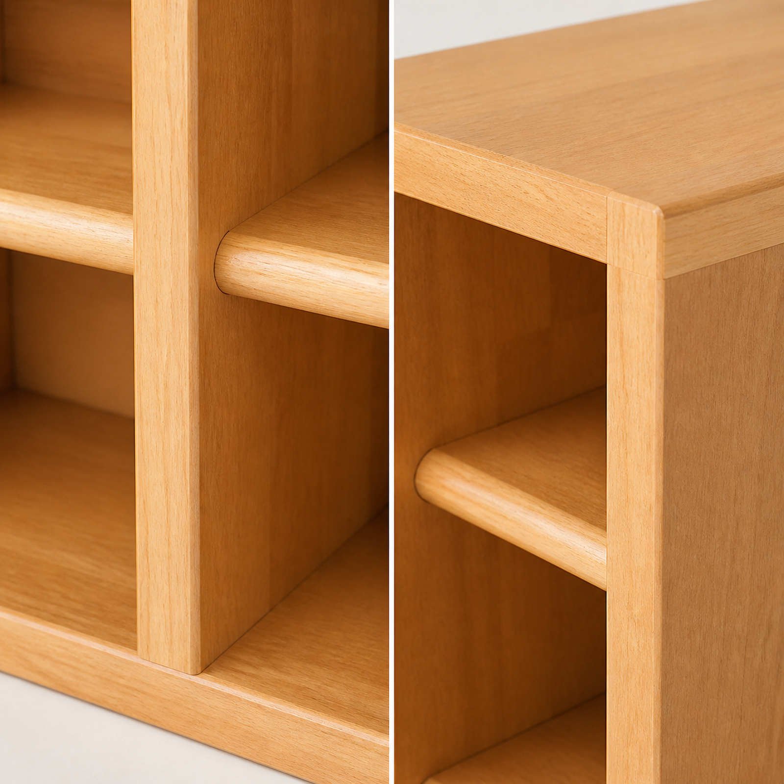Solid rubberwood organizer fitted shelf intersections and edge details