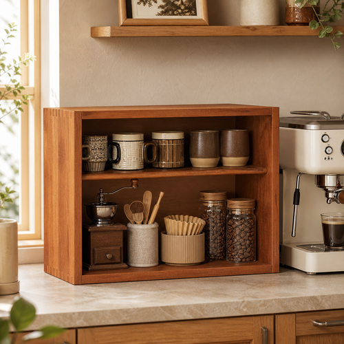 Compact adjustable two-tier coffee organizer beside an espresso machine