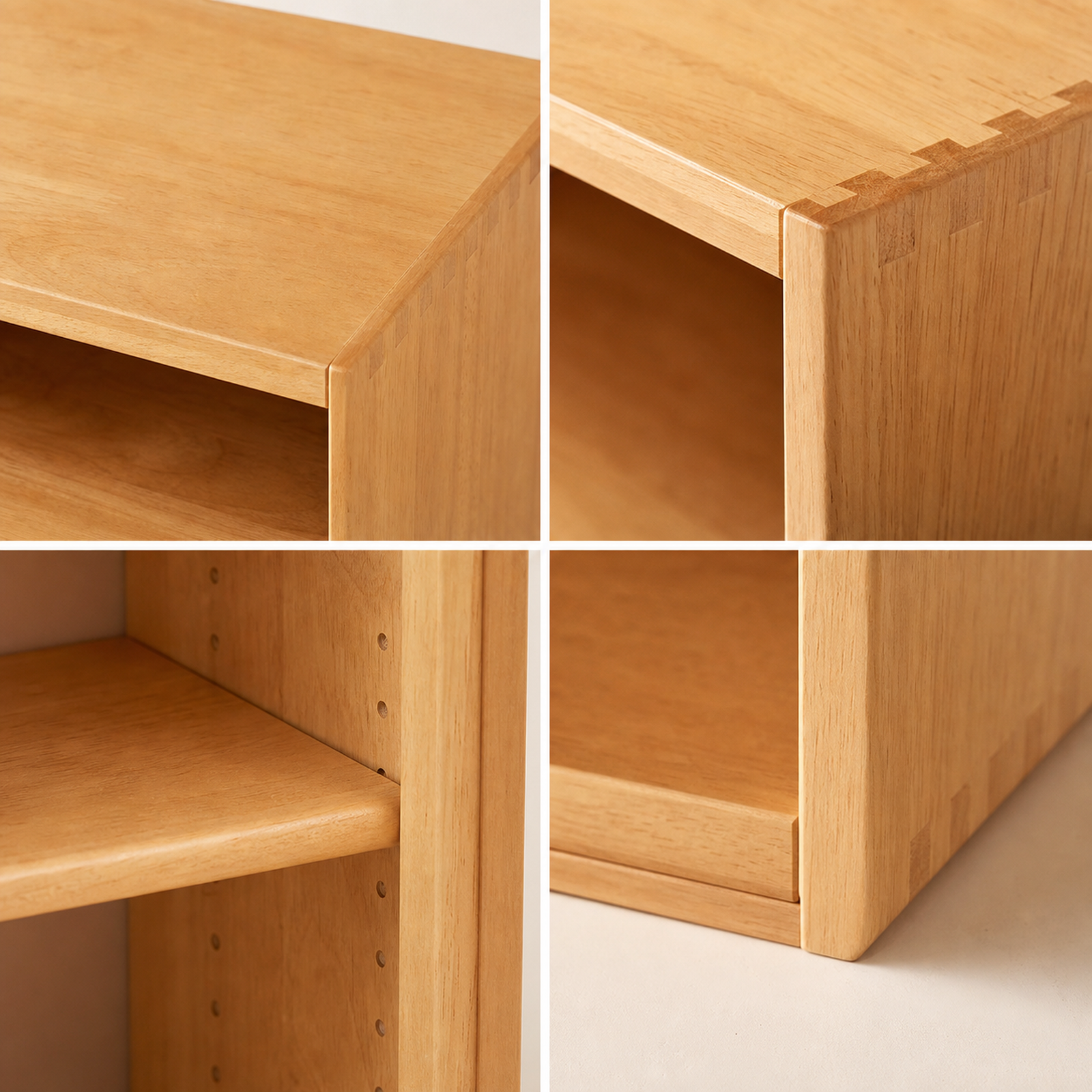 Adjustable shelf holes finger joints rounded edge and wood grain details