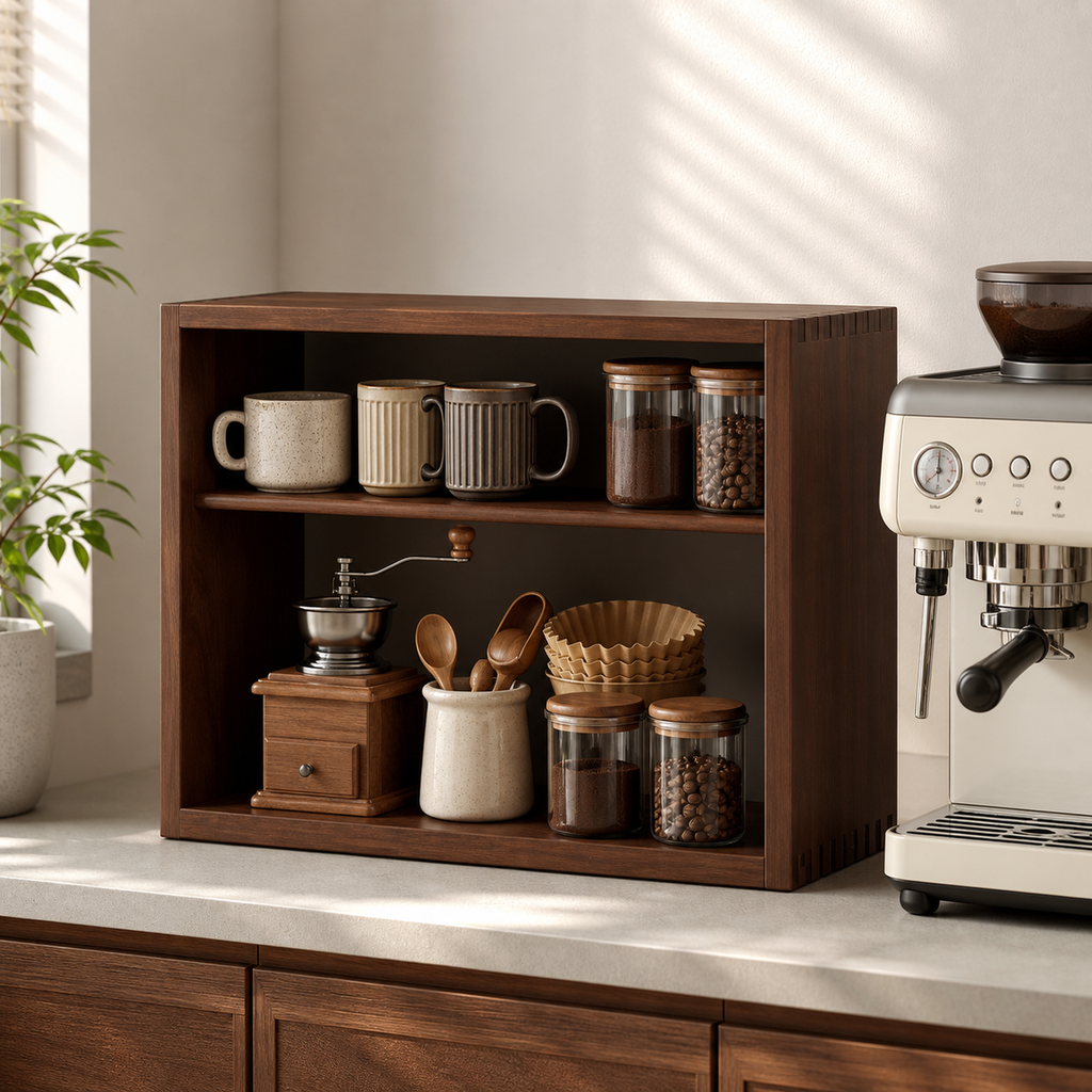 Black walnut brown adjustable coffee organizer beside an espresso machine