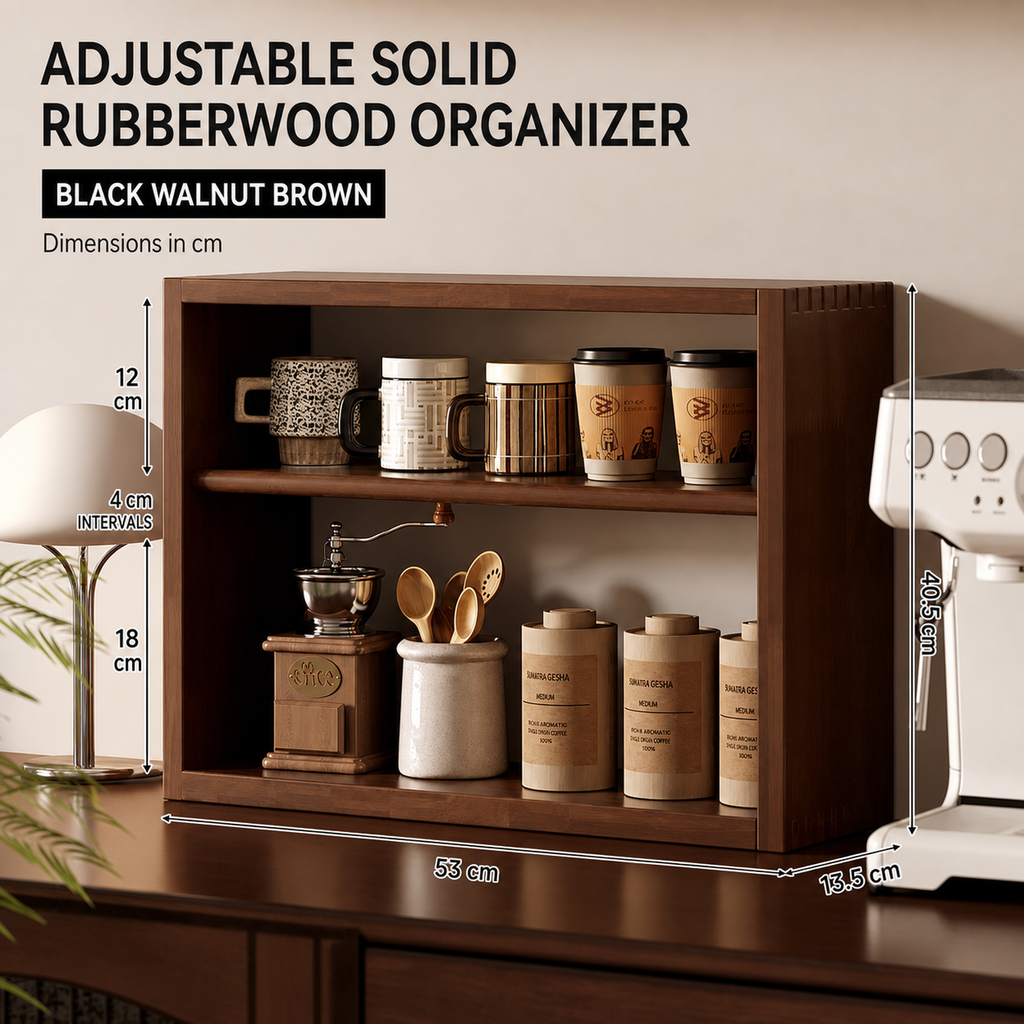 Adjustable solid rubberwood coffee organizer dimensions in centimeters