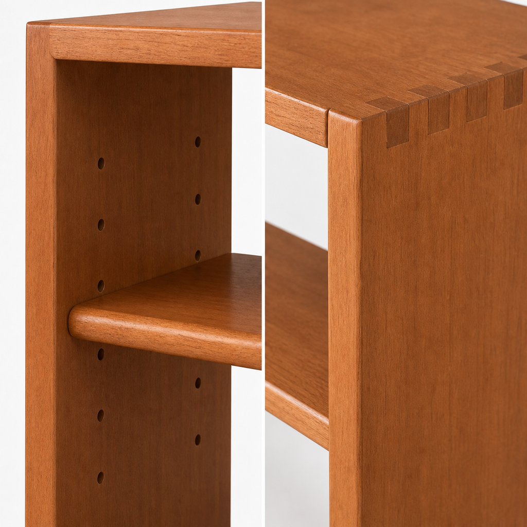 Adjustable rubberwood organizer shelf holes rounded edge and finger joints