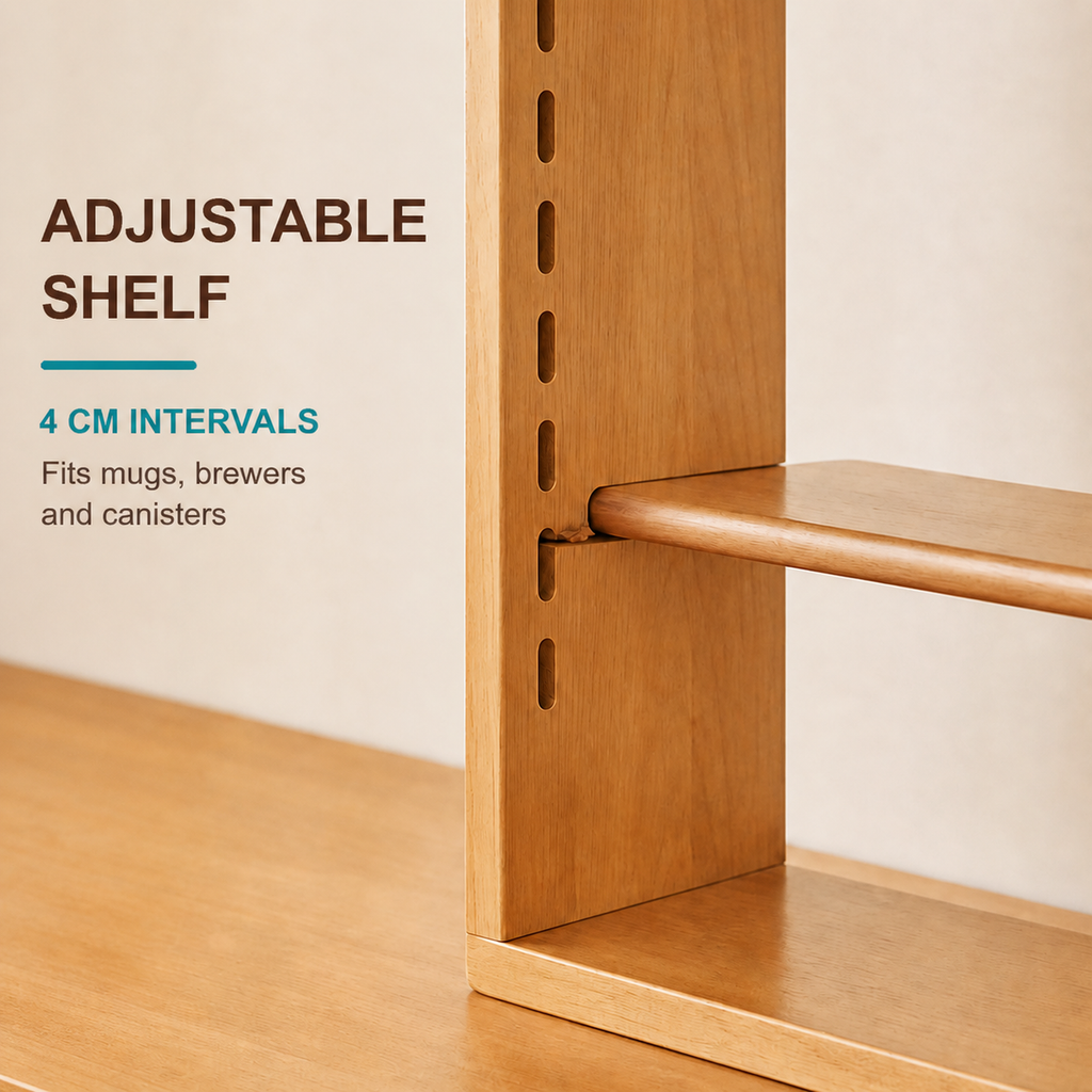 Adjustable coffee organizer shelf with 4 cm position intervals