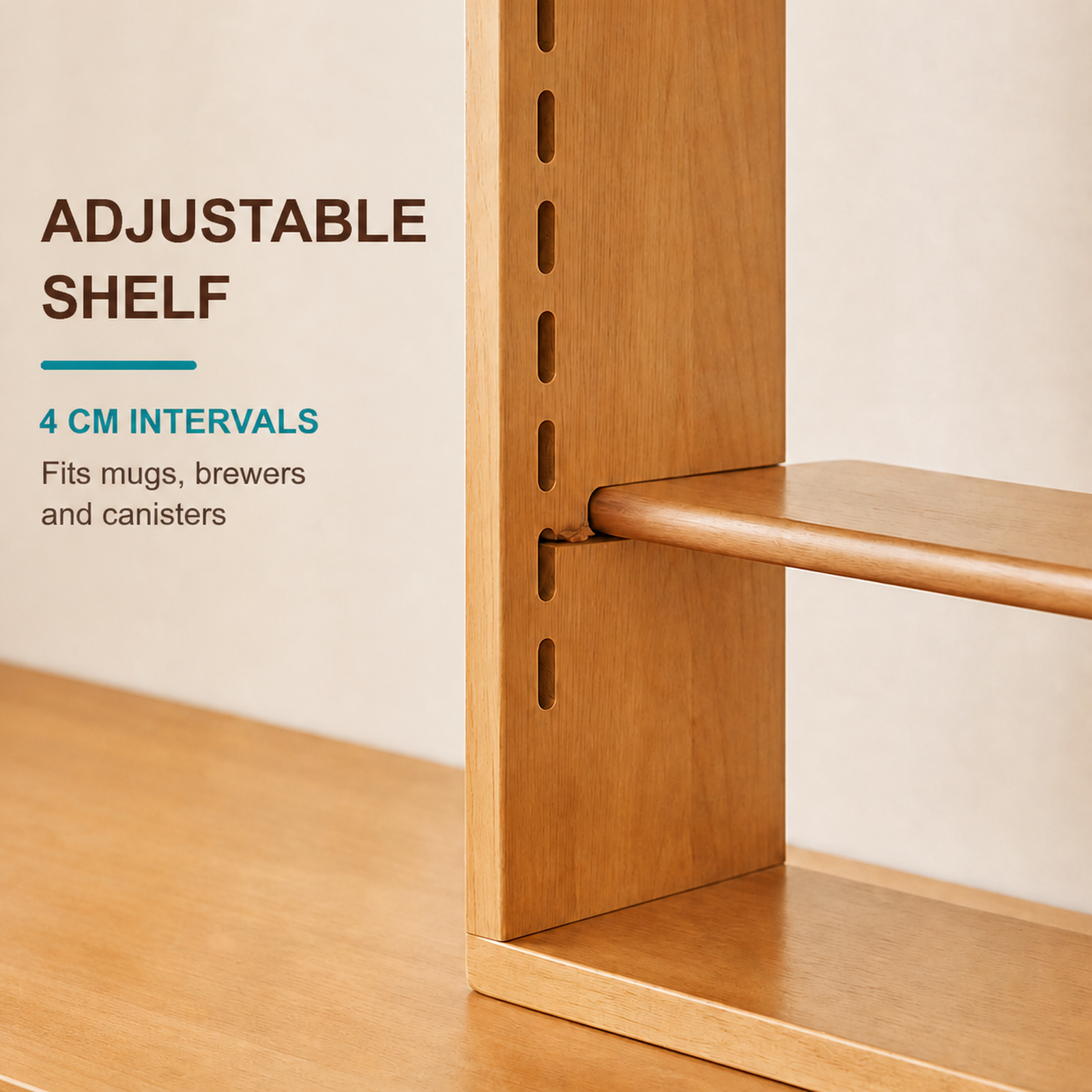 Adjustable coffee organizer shelf with 4 cm position intervals