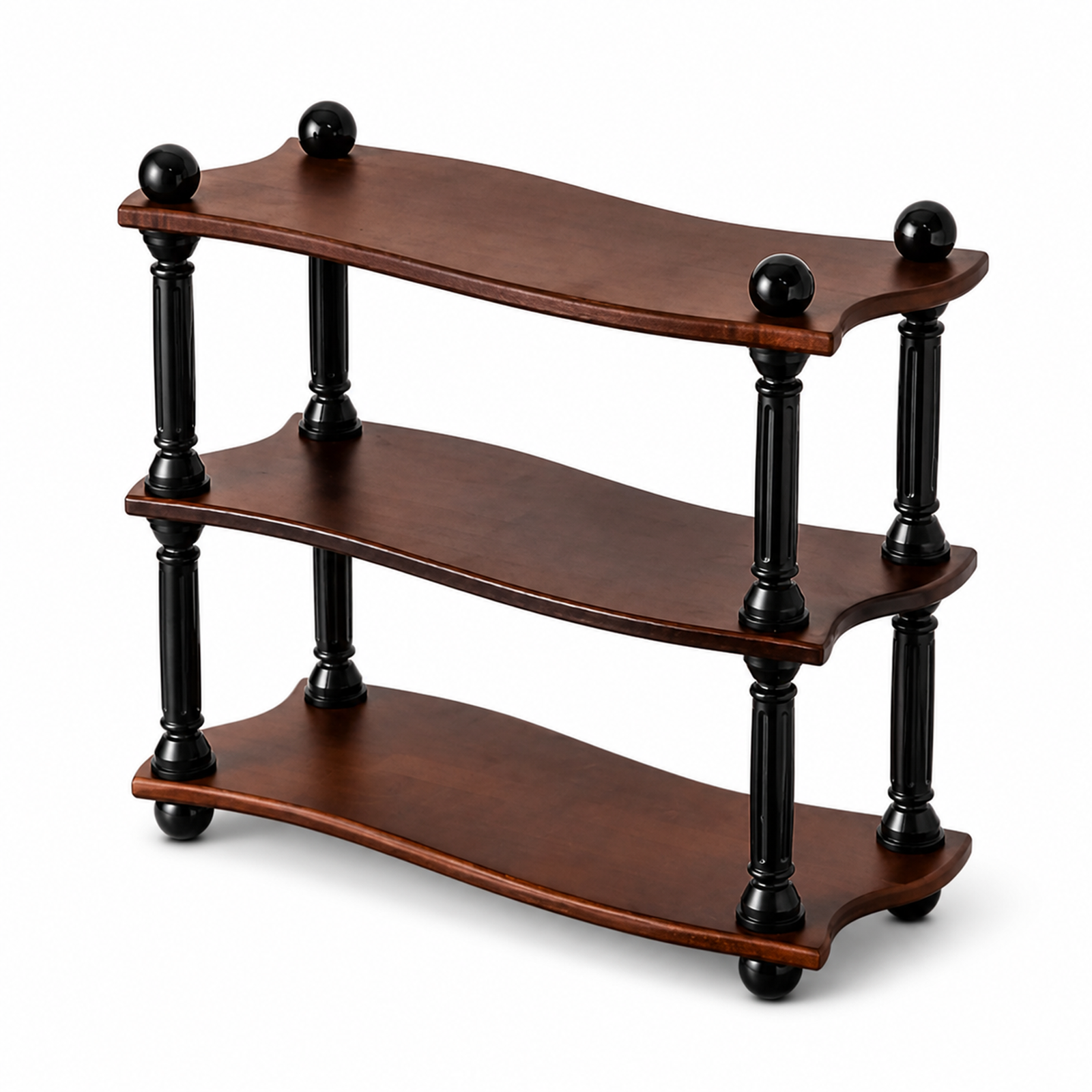 Vintage solid walnut three-tier countertop coffee organizer on a white background