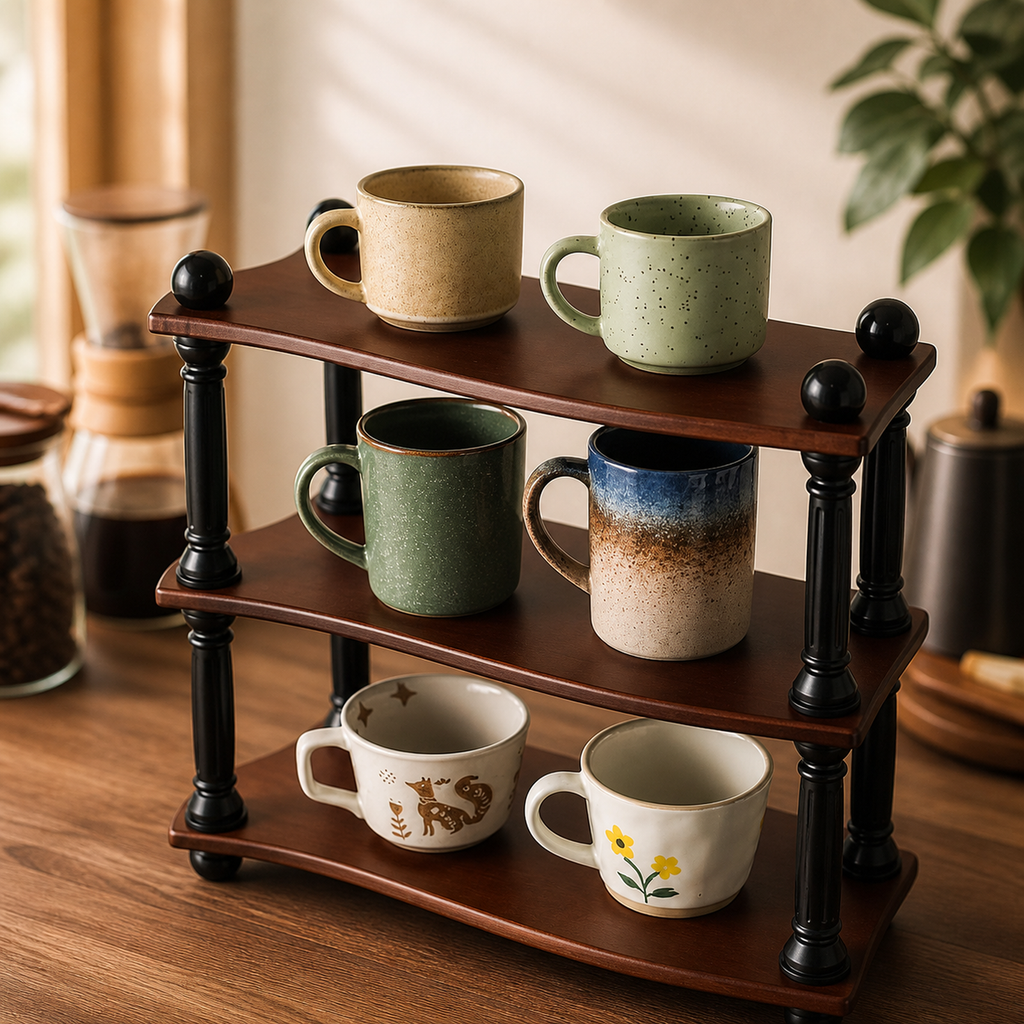 Three-tier solid walnut countertop mug rack displaying ceramic coffee mugs