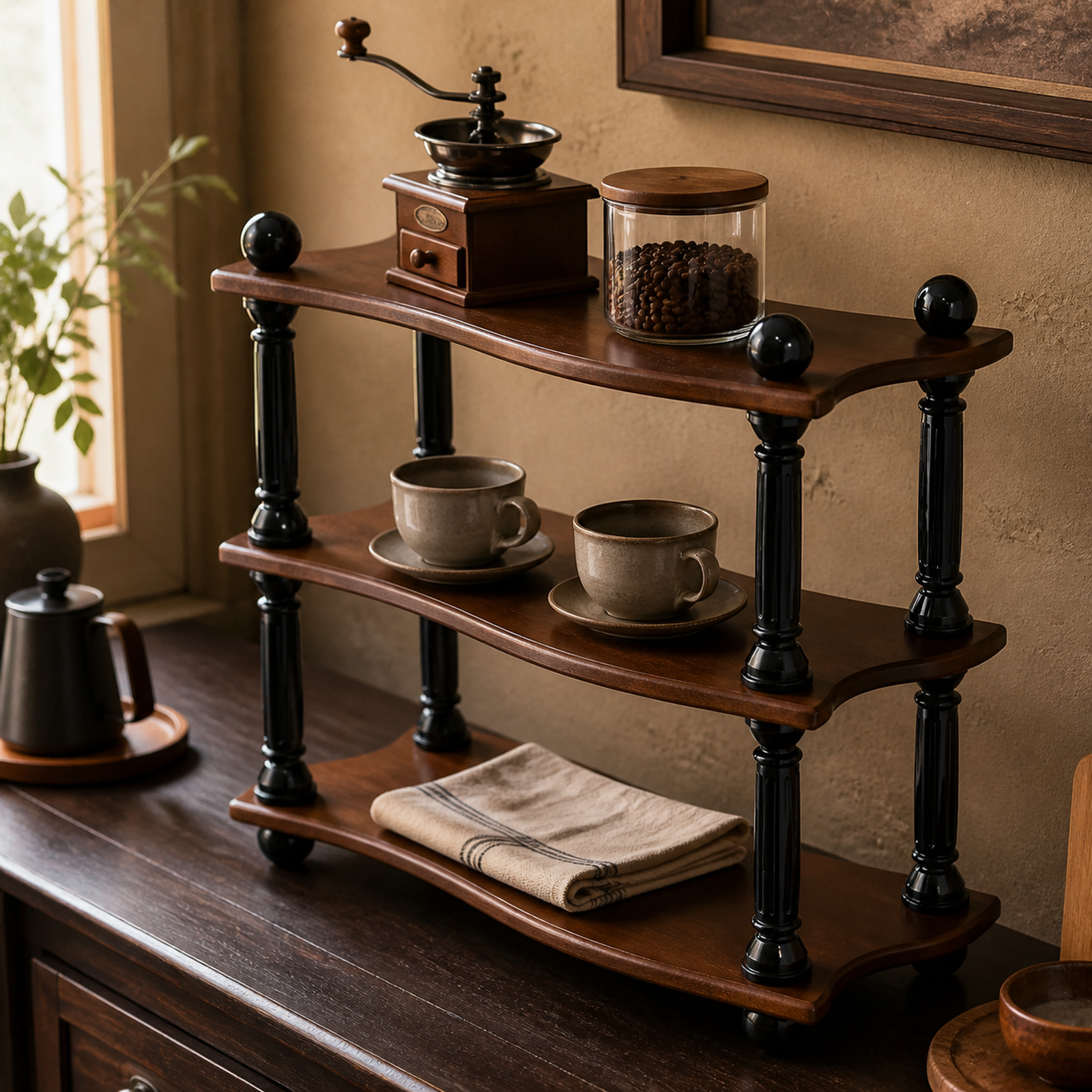 Vintage three-tier countertop coffee organizer on a dining-room sideboard
