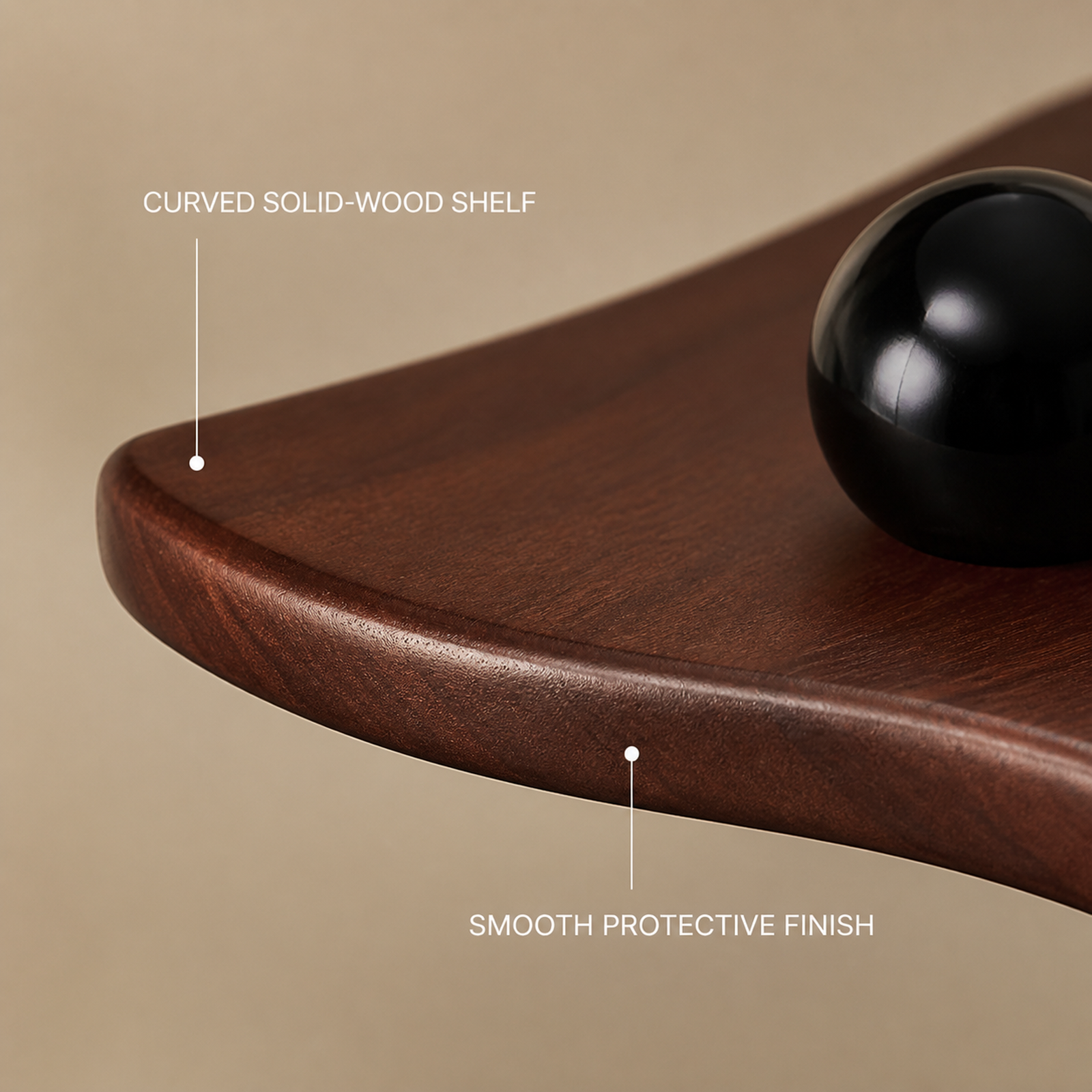 Curved solid walnut shelf edge with a smooth protective finish