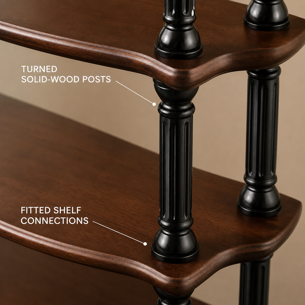 Turned black solid-wood posts and fitted shelf connections