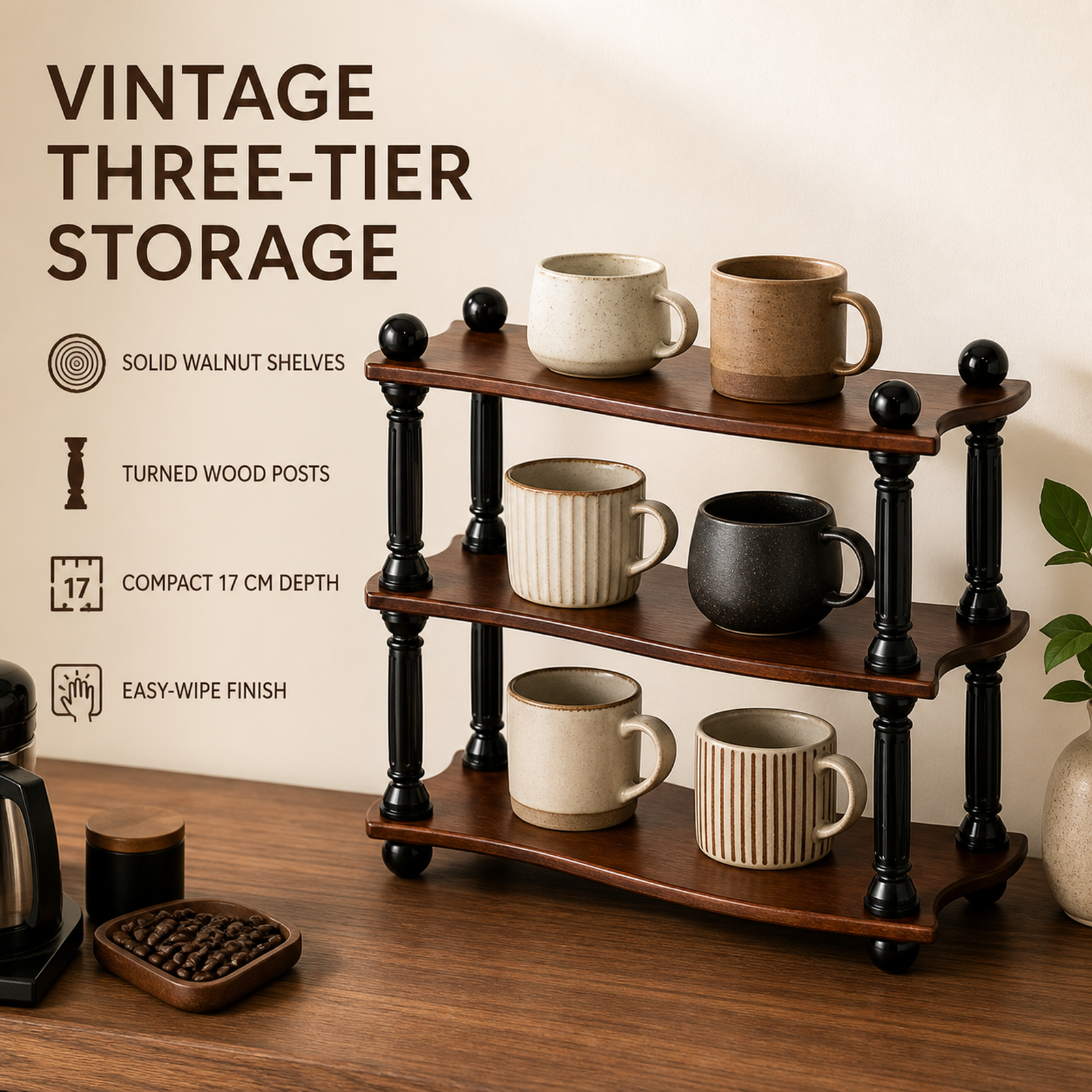 Vintage three-tier solid walnut countertop coffee organizer features