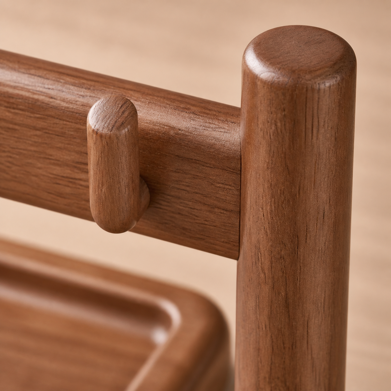 Close-up of solid rubberwood hanging peg, rail and rounded post joinery