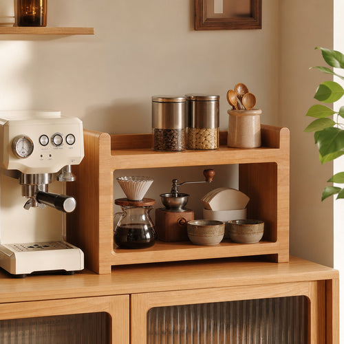 Compact rubberwood coffee organizer styled beside a cream espresso machine
