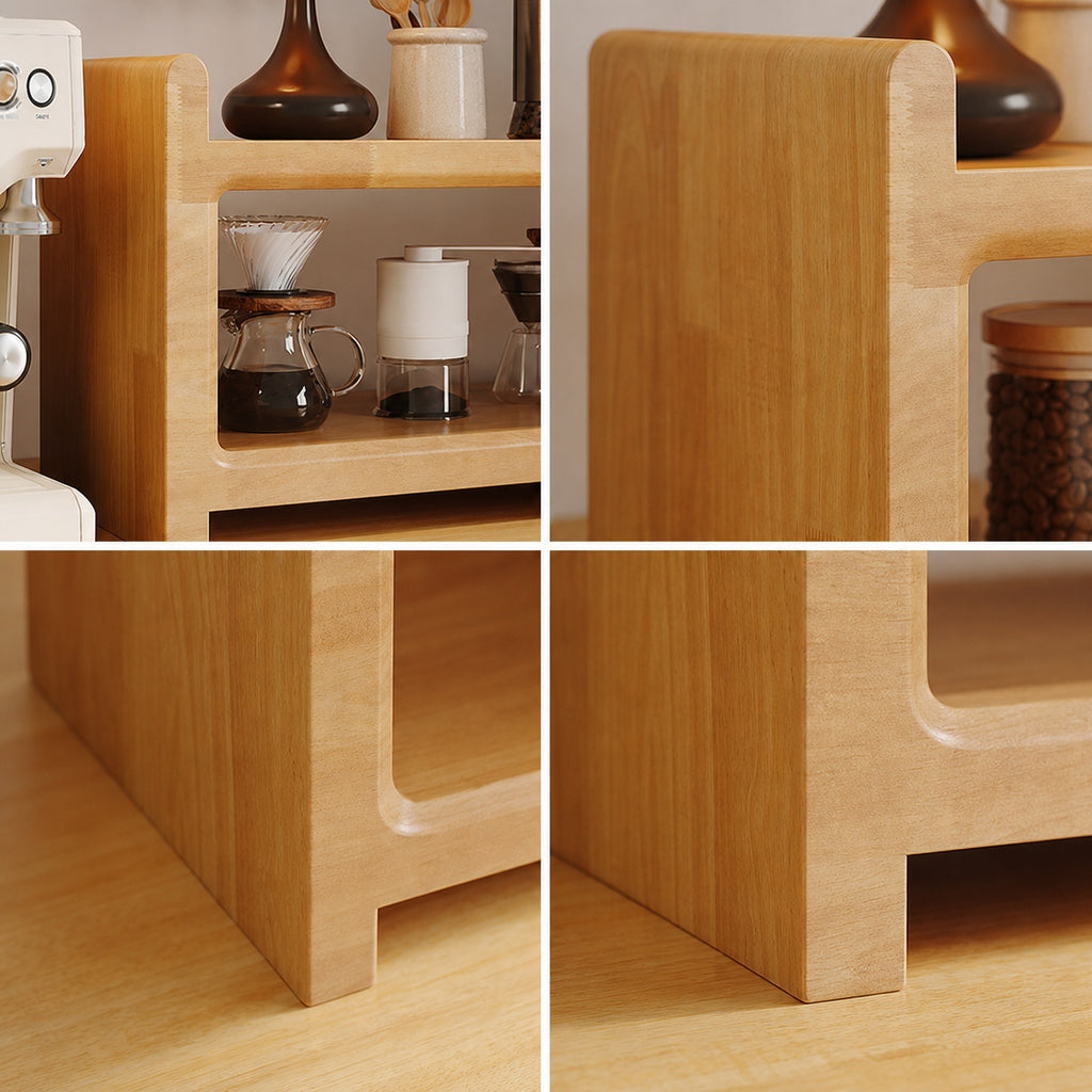 Rubberwood grain rounded side panels open bay and sturdy feet details
