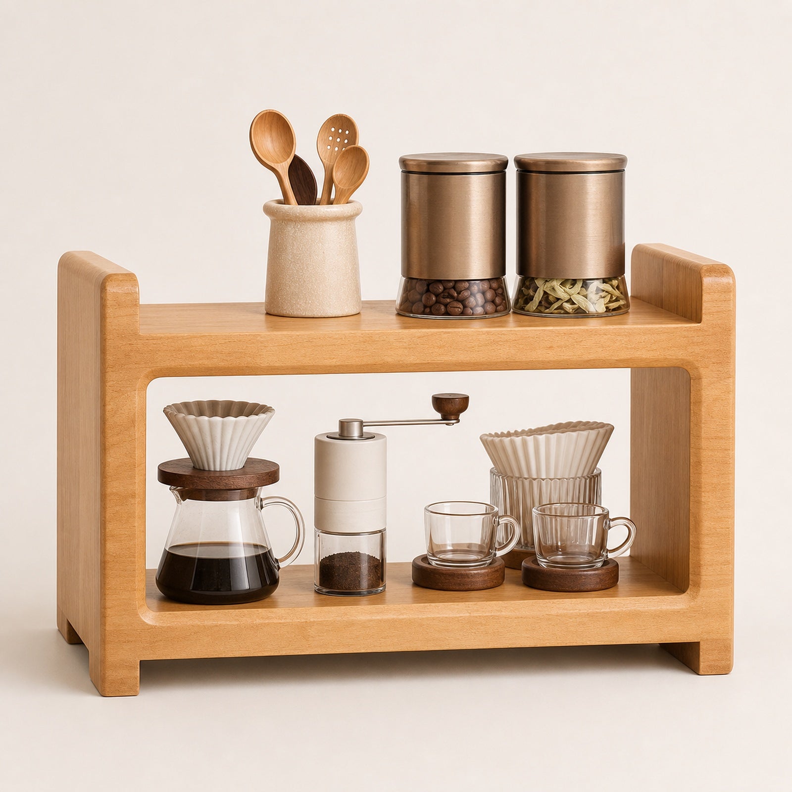 Compact two-tier organizer holding coffee beans filters grinder server and cups