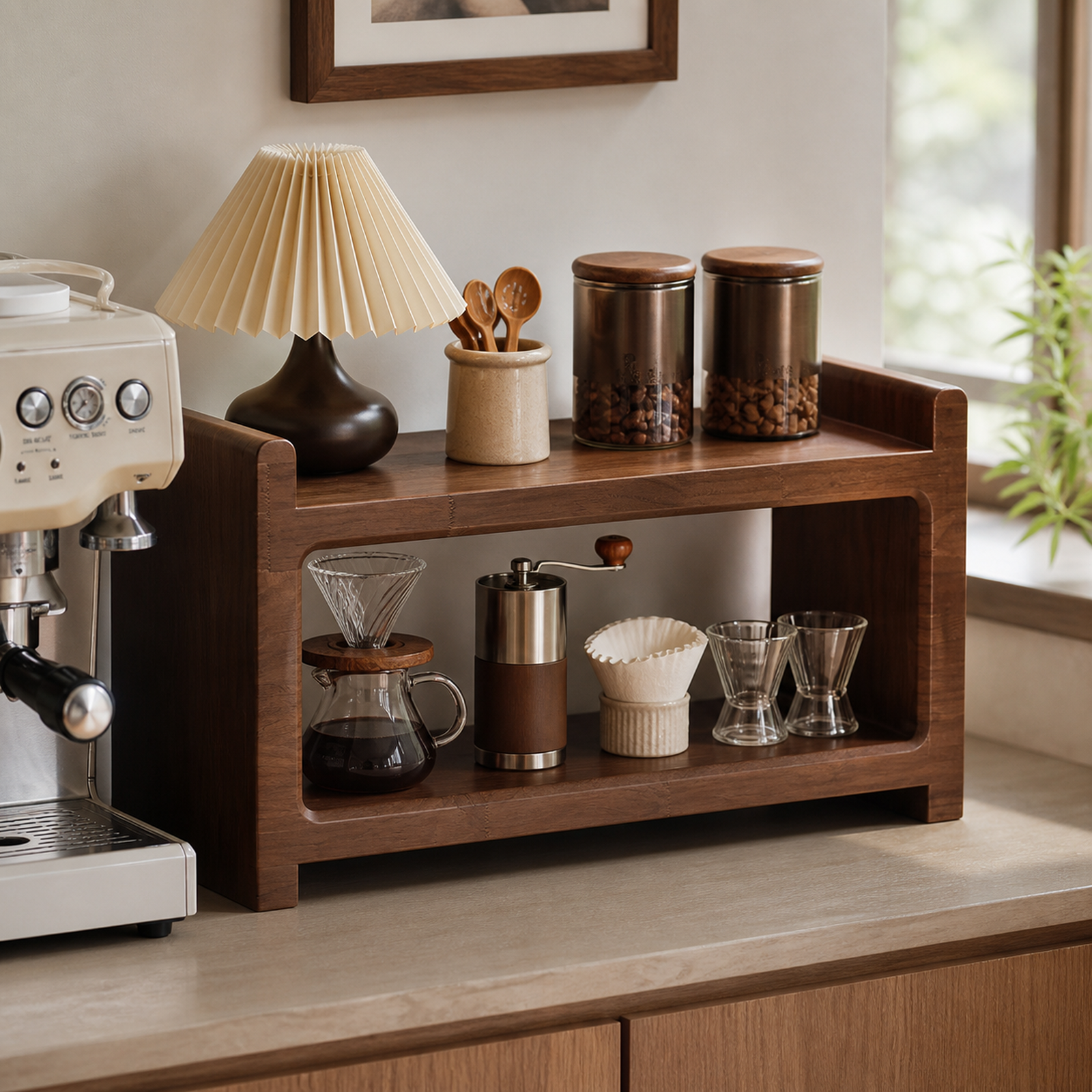 Compact black walnut brown coffee organizer beside an espresso machine