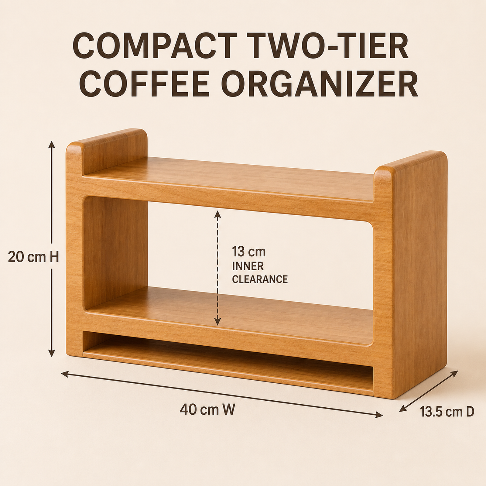 Compact two-tier solid rubberwood coffee organizer dimensions