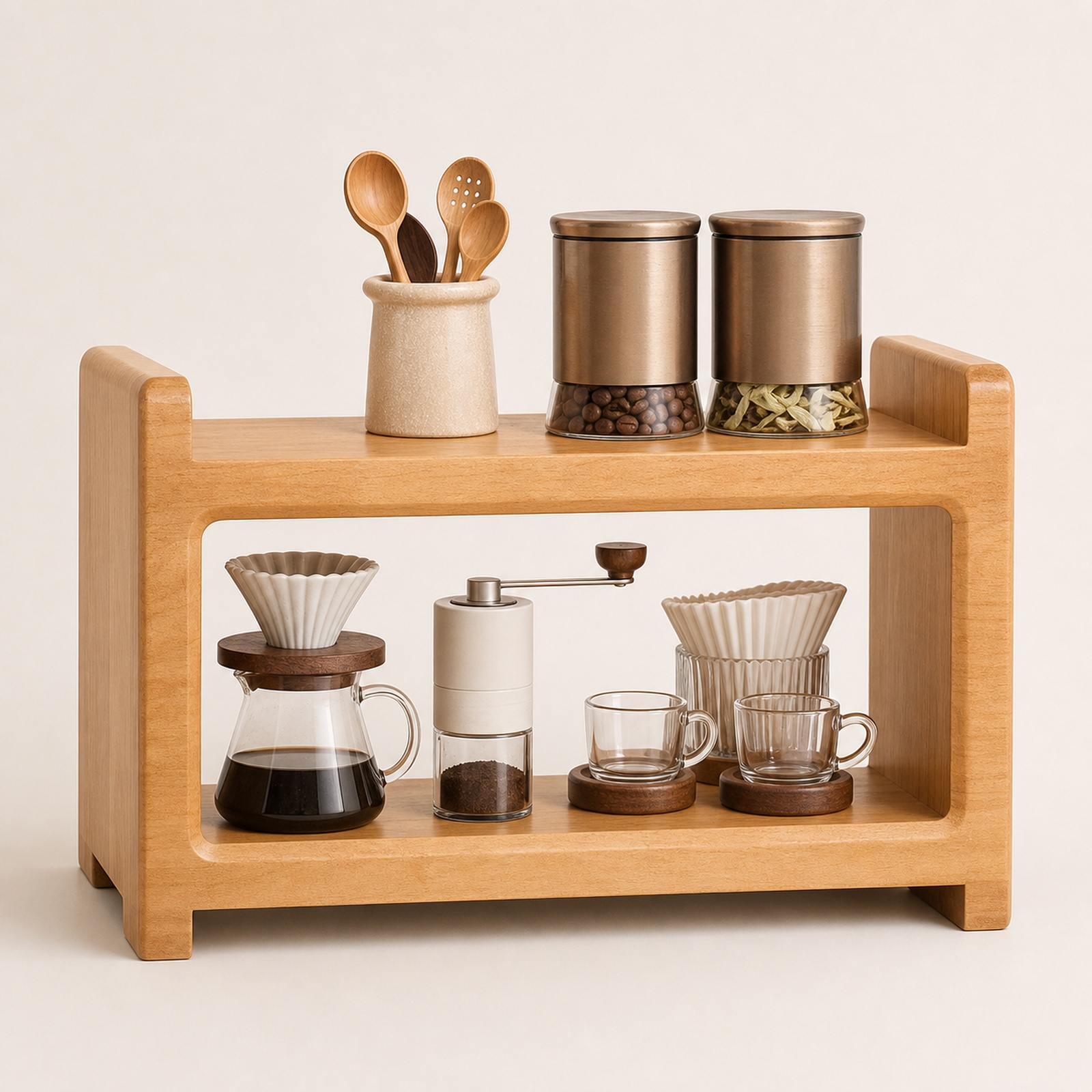 Compact two-tier organizer holding beans filters grinder server and cups