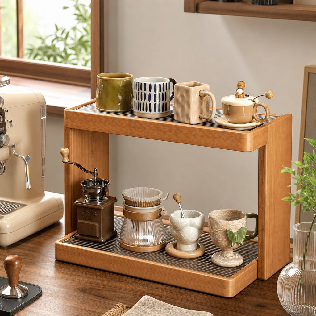 Two-tier solid rubberwood coffee mug rack styled beside an espresso machine