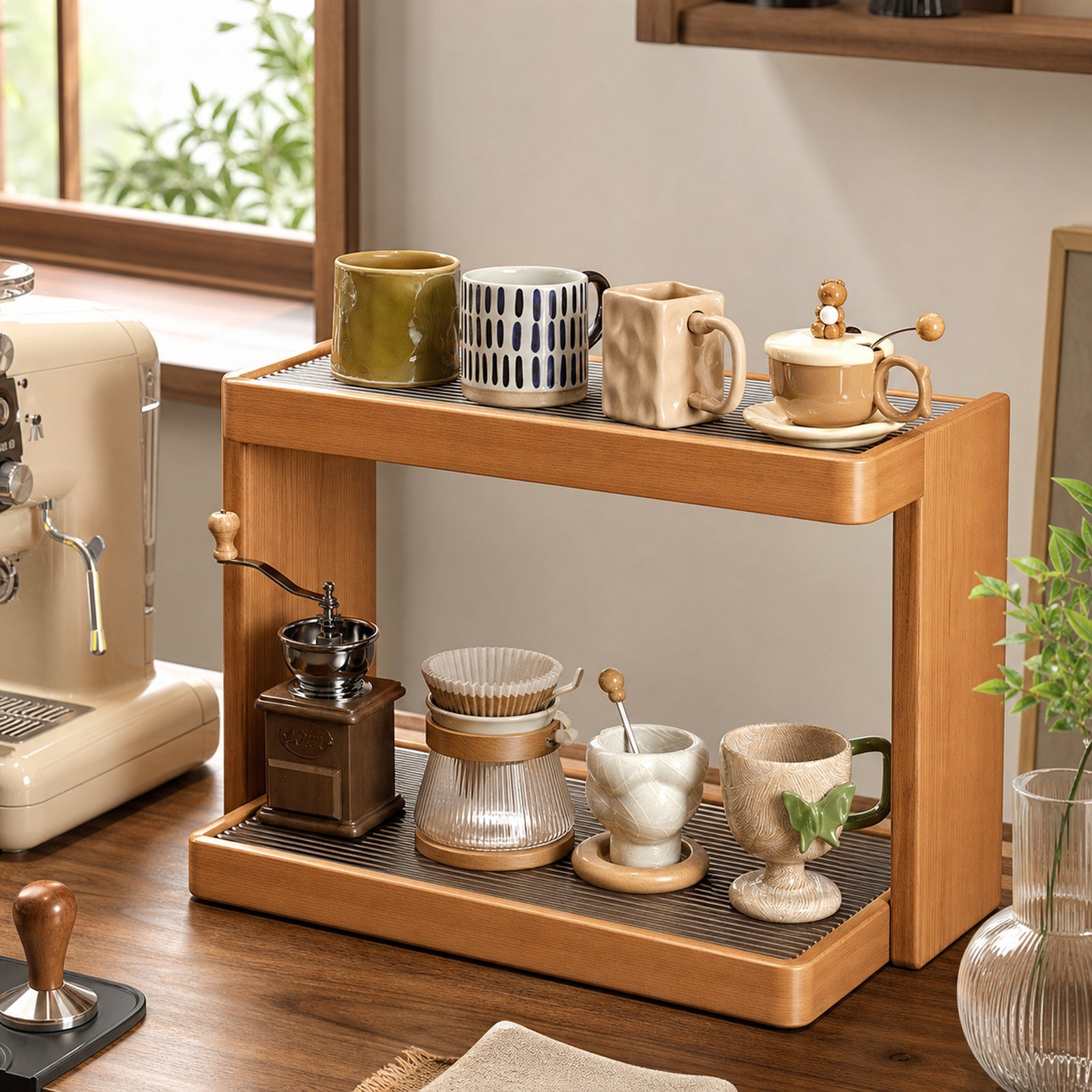 Two-tier solid rubberwood coffee mug rack styled beside an espresso machine