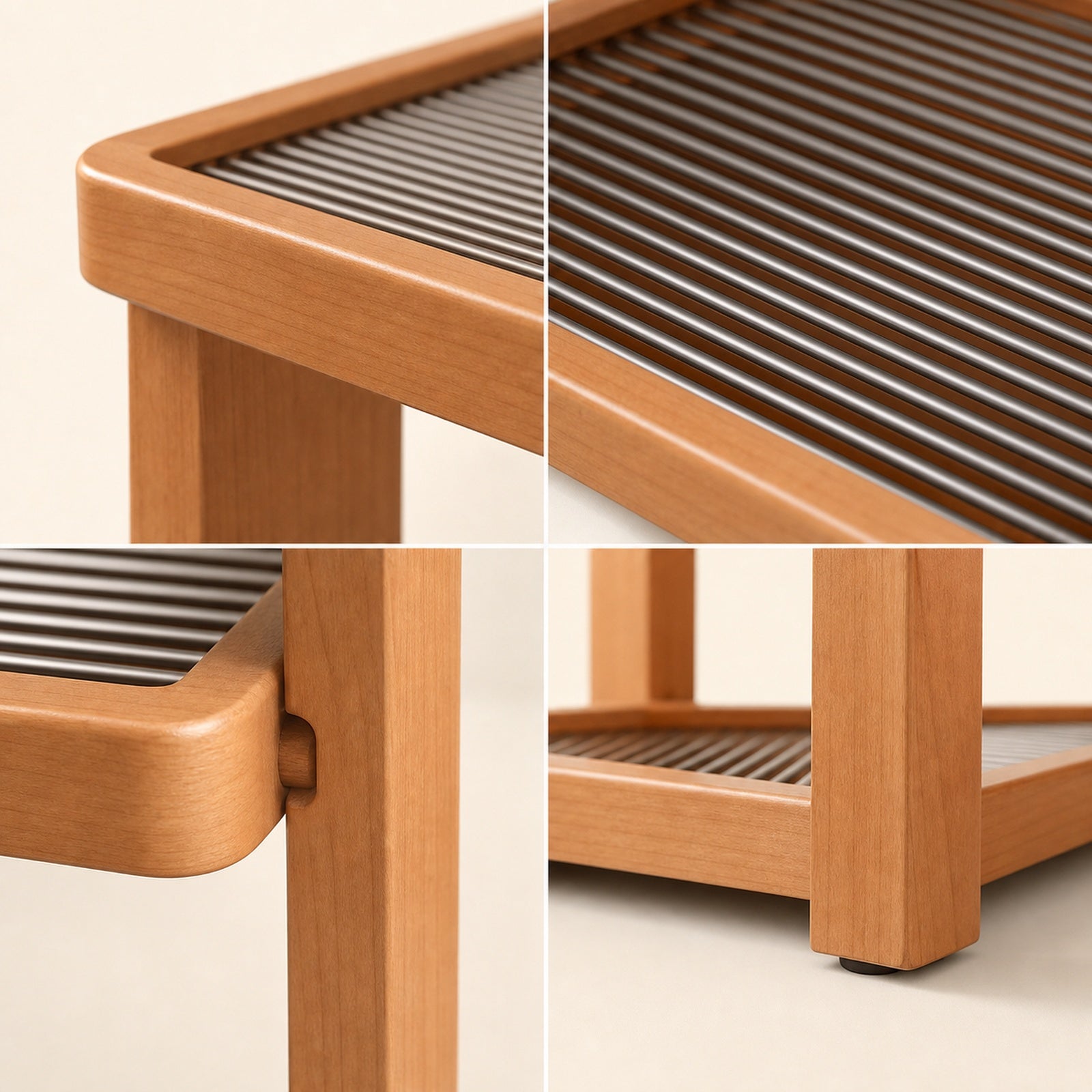 Rounded rubberwood frame dark slatted trays joints and feet details