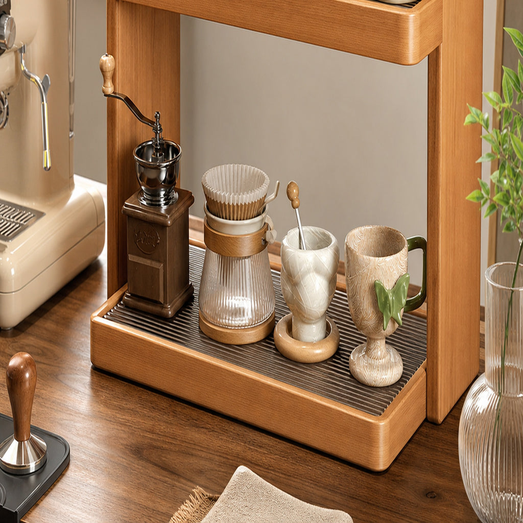 Lower tray storage for grinders filters brewers and coffee cups