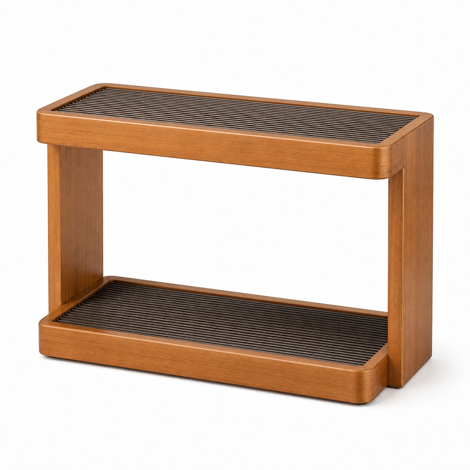 Cherry wood two-tier slatted coffee mug rack isolated on white