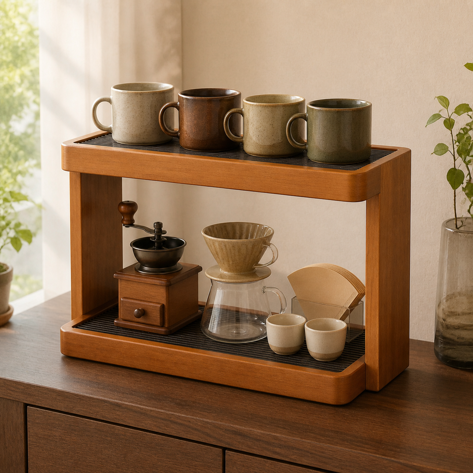 Two-tier rubberwood coffee rack styled on a dining room sideboard