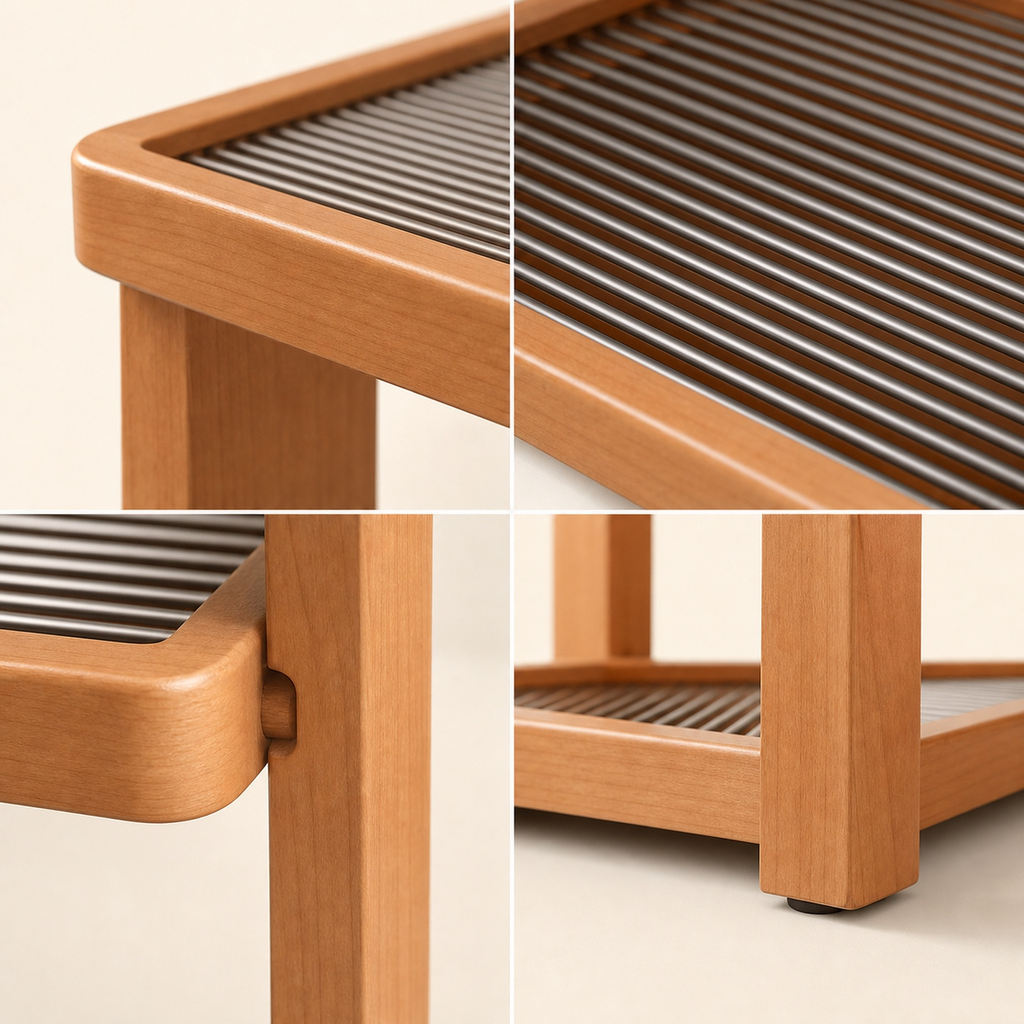 Rounded rubberwood frame dark slatted trays joints and feet details
