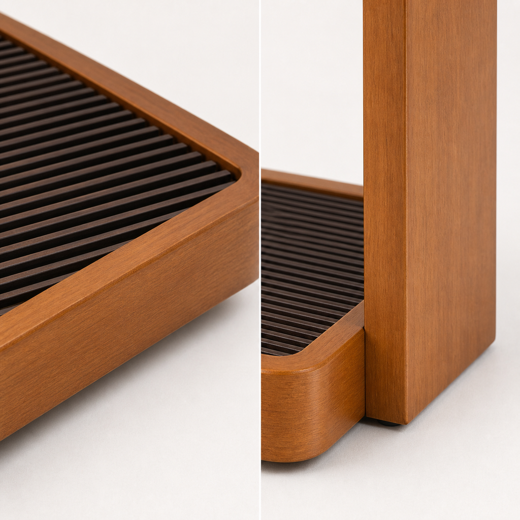 Raised tray edge slatted insert side support and protective foot details