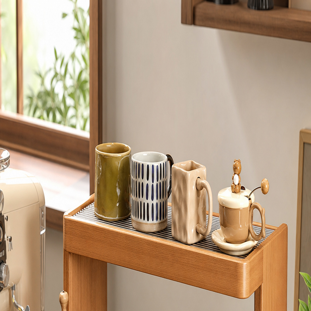 Upper slatted tray holding four ceramic coffee mugs
