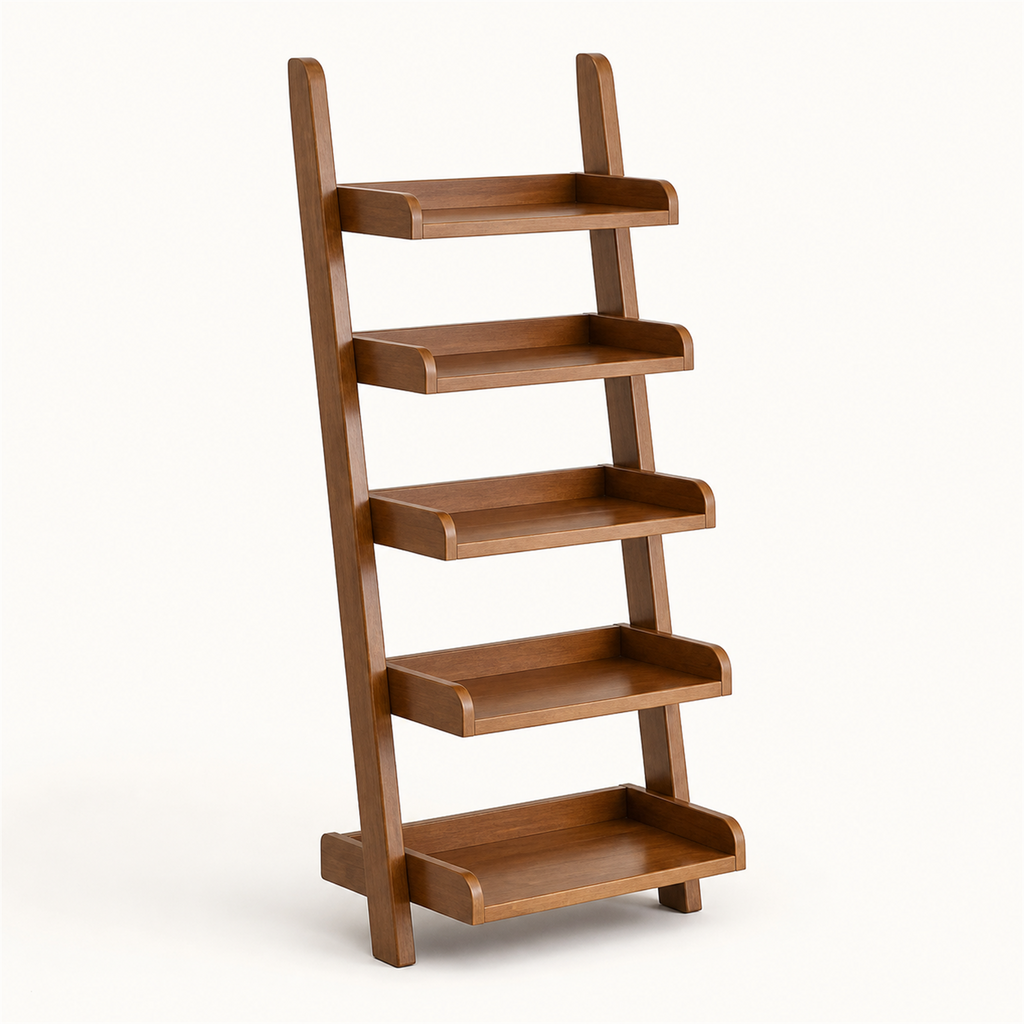 Five-tier solid wood ladder-style coffee bar shelf in cherry wood