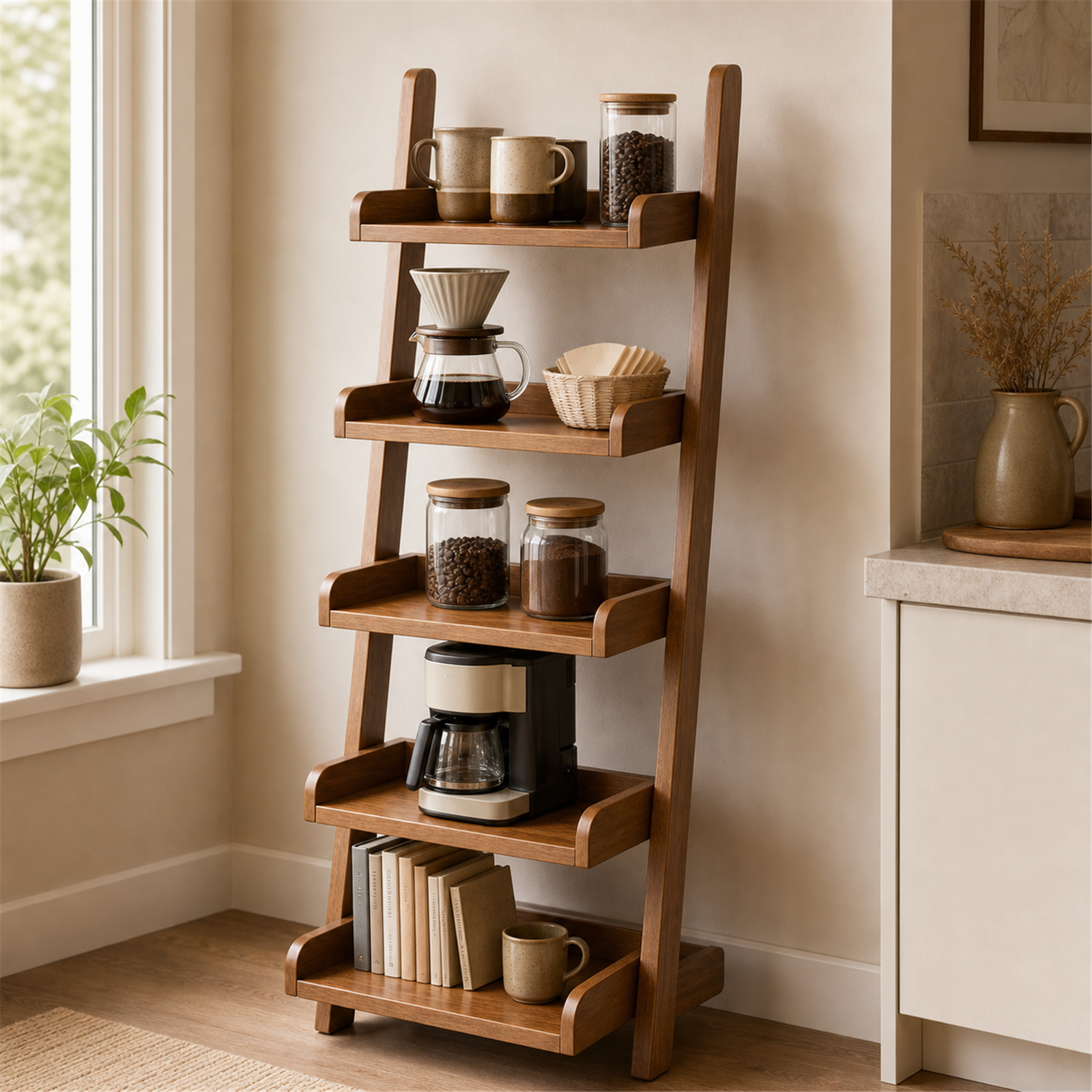 Five-tier ladder shelf styled as a coffee station