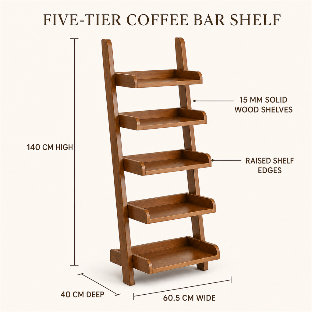 Five-tier coffee shelf dimensions and construction details