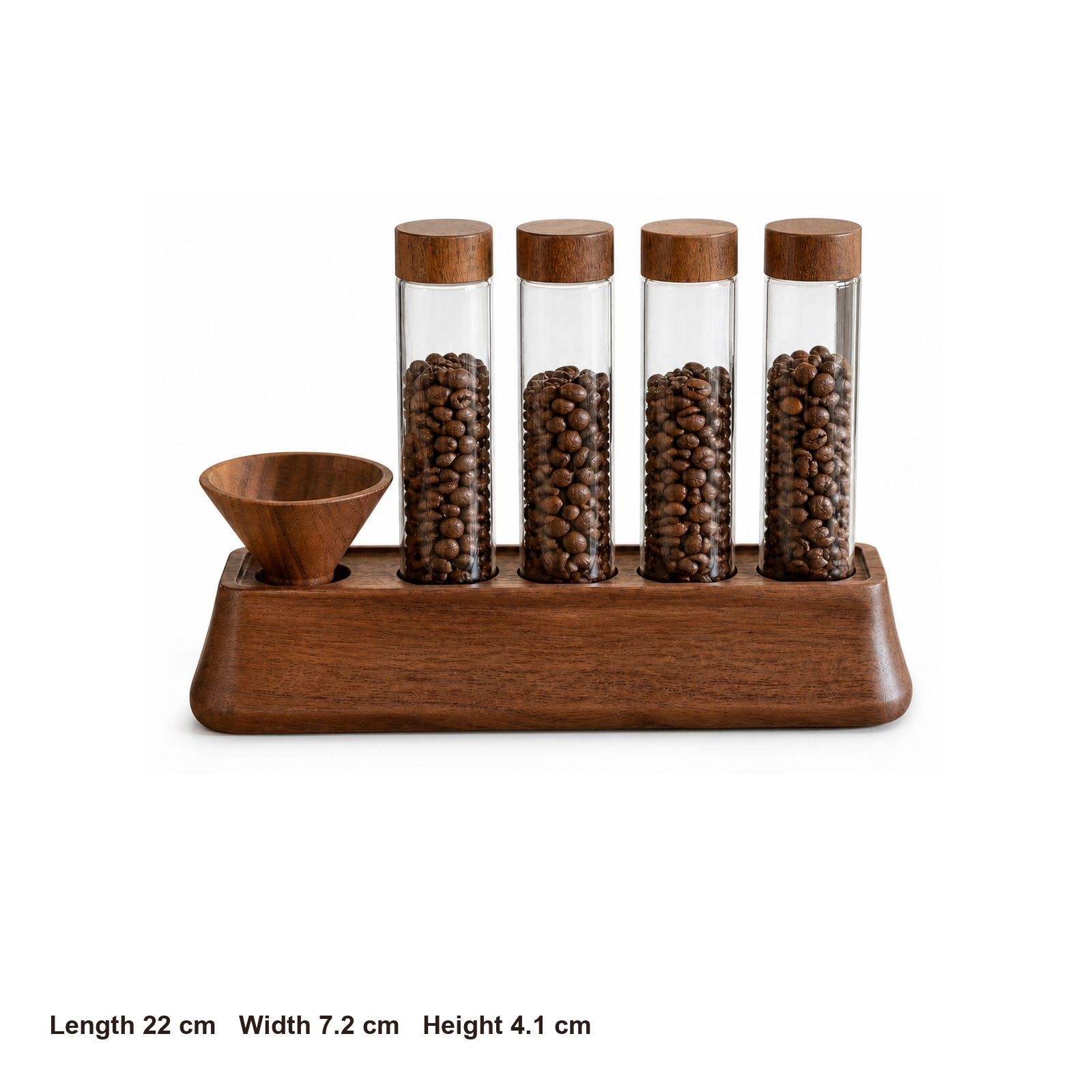 Four-tube solid walnut coffee dosing organizer dimensions: 22 by 7.2 by 4.1 centimeters