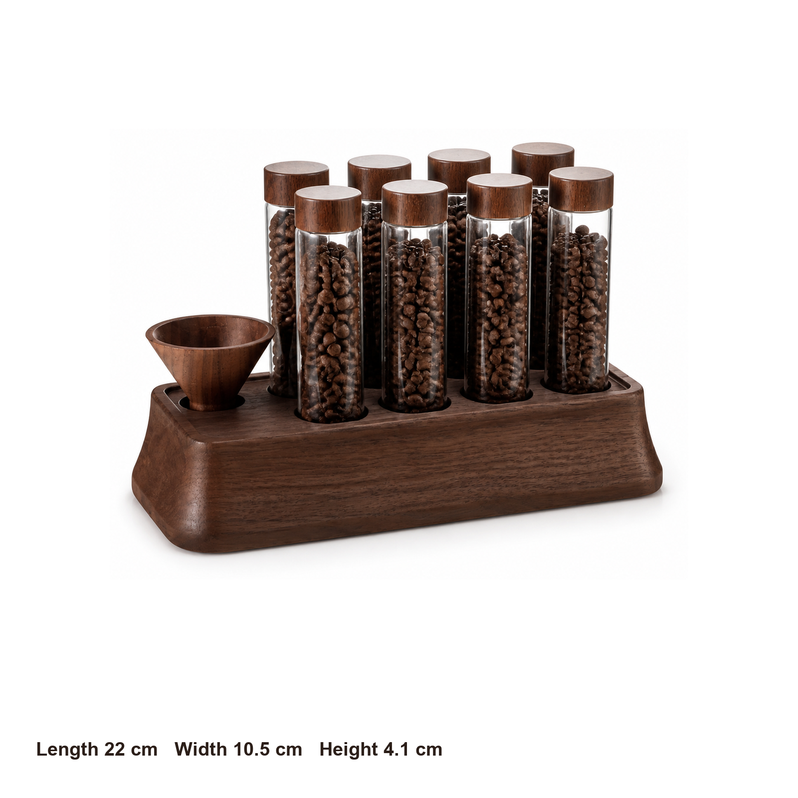 Eight-tube solid walnut coffee dosing organizer dimensions: 22 by 10.5 by 4.1 centimeters