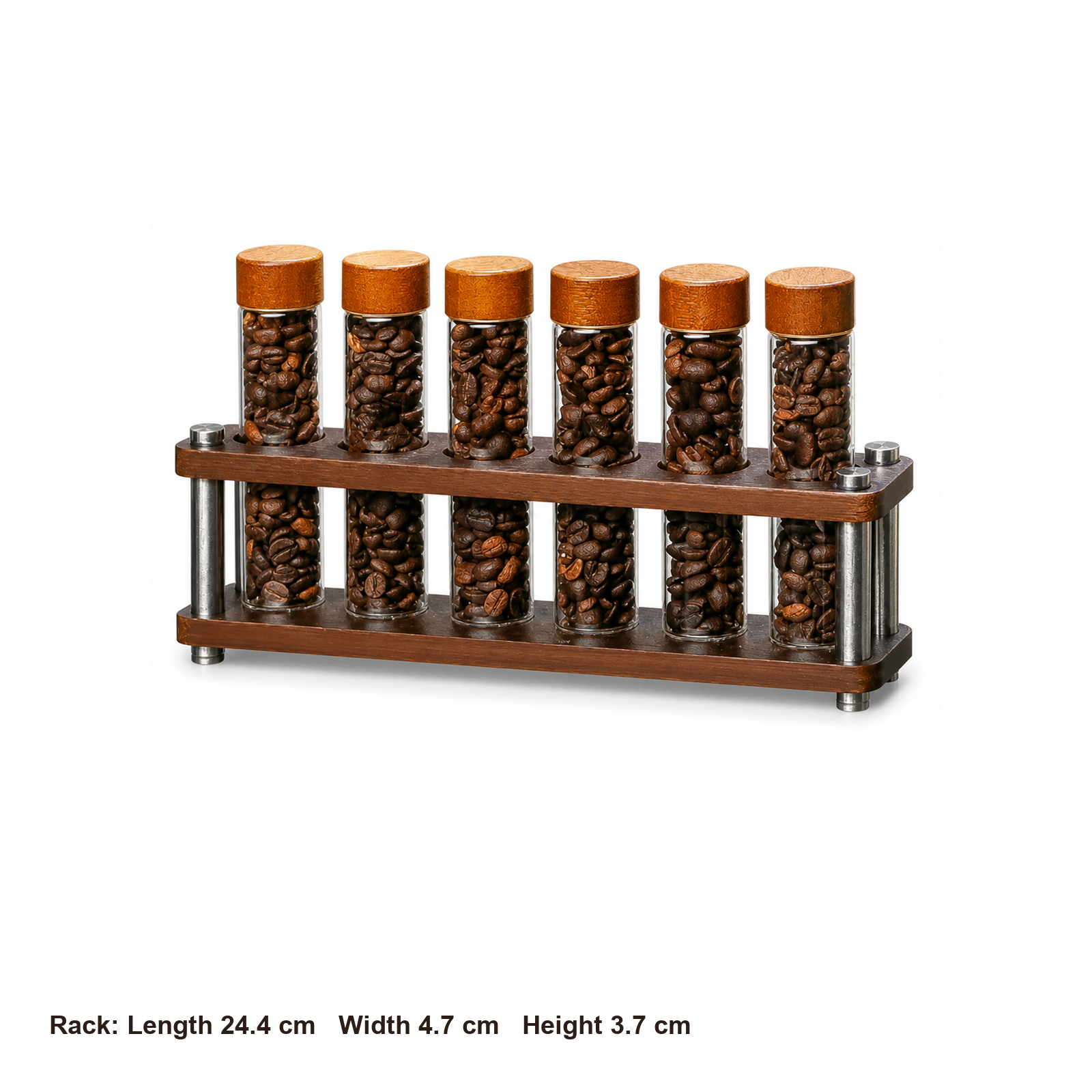Six-tube wood and metal coffee dosing rack dimensions: 24.4 by 4.7 by 3.7 centimeters