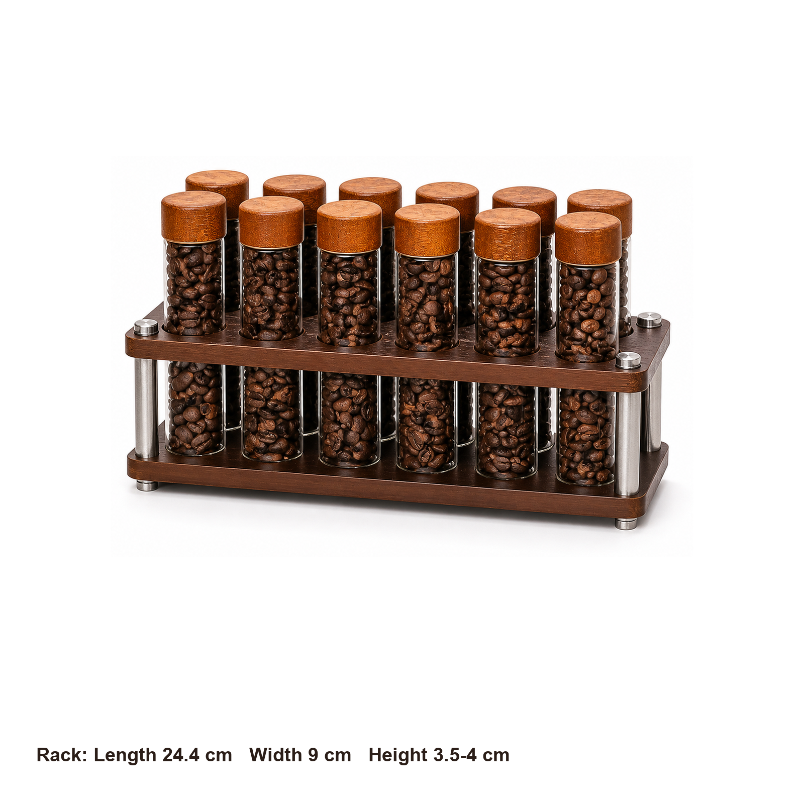 Twelve-tube wood and metal coffee dosing rack dimensions: 24.4 by 9 by 3.5 to 4 centimeters