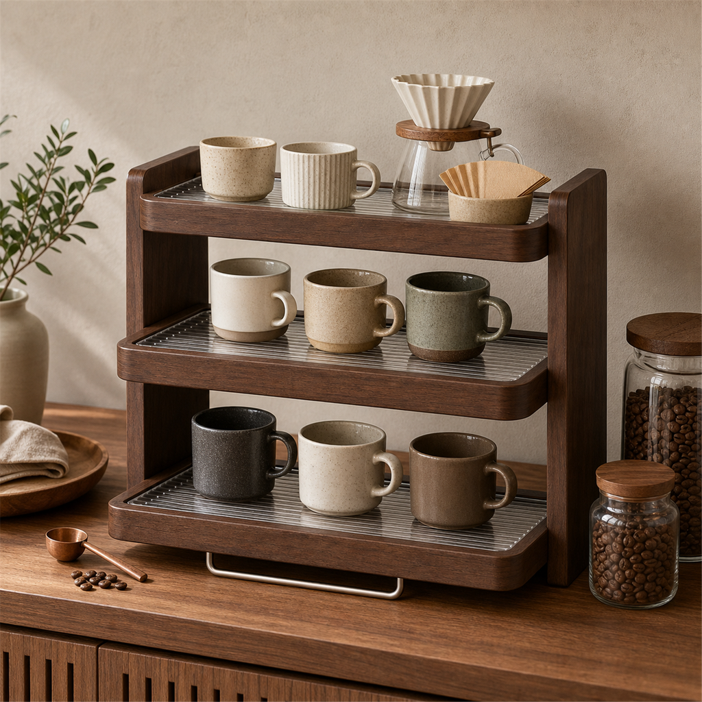 Three-tier mug rack styled with coffee accessories