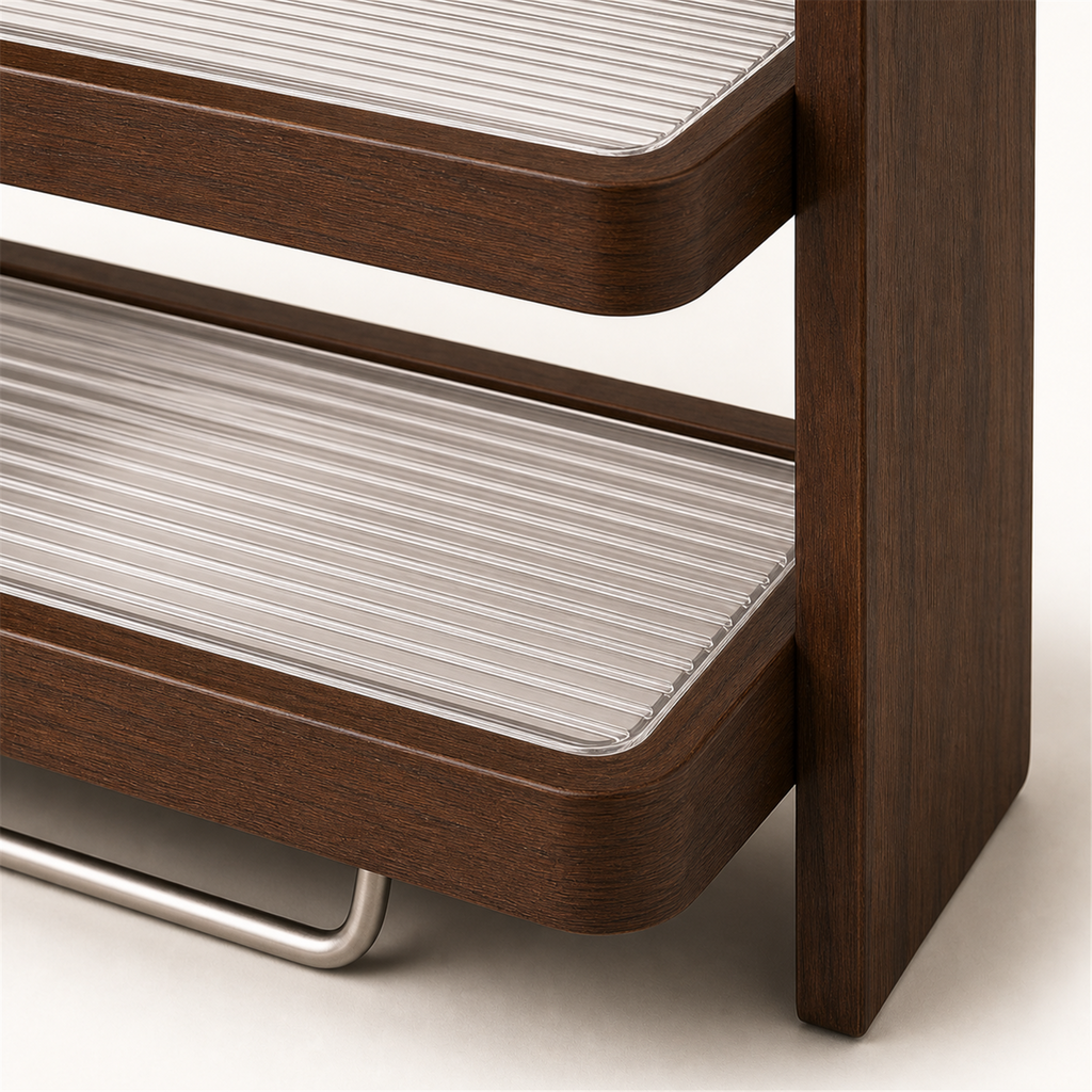 Ribbed acrylic shelf and rounded solid wood frame detail