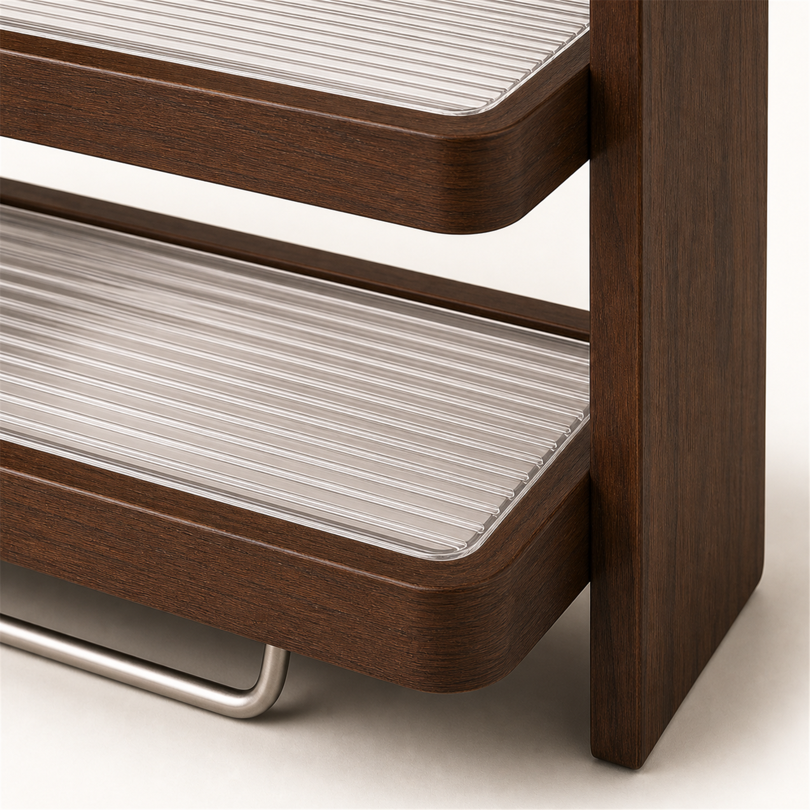 Ribbed acrylic shelf and rounded solid wood frame detail